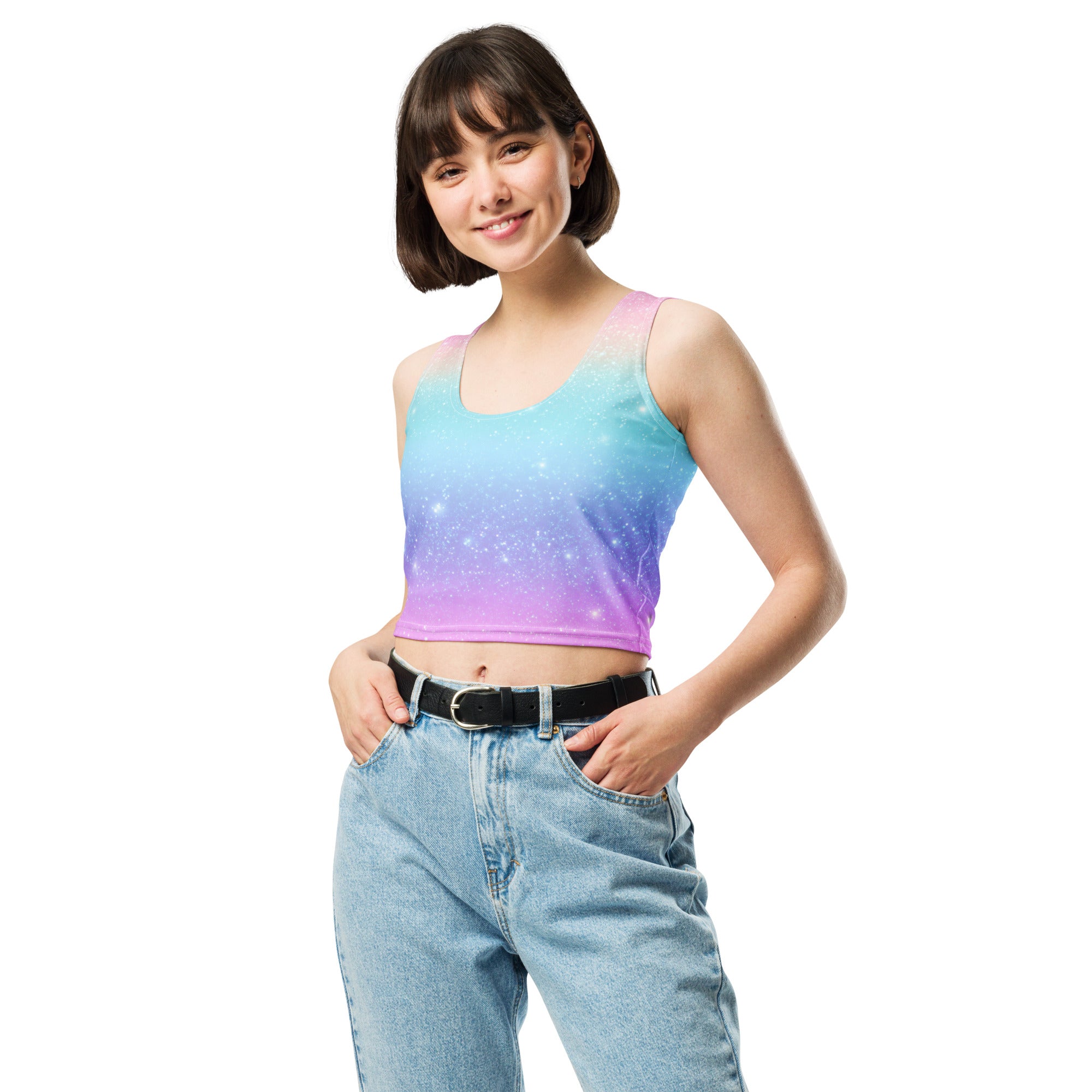 Women's Faux Sparkle Effect Rainbow Buttery Soft Crop Top- Quick-Drying UPF 50+ Stretch Top