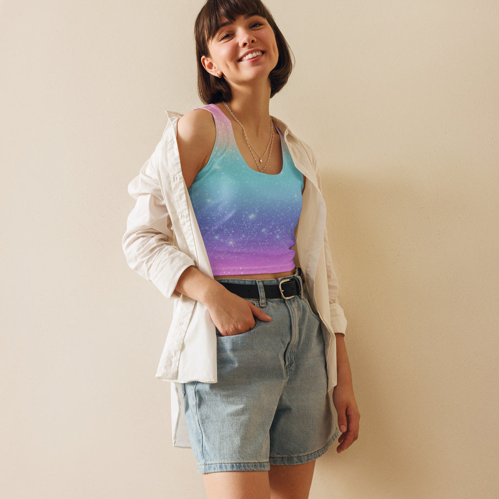 Women's Faux Sparkle Effect Rainbow Buttery Soft Crop Top- Quick-Drying UPF 50+ Stretch Top