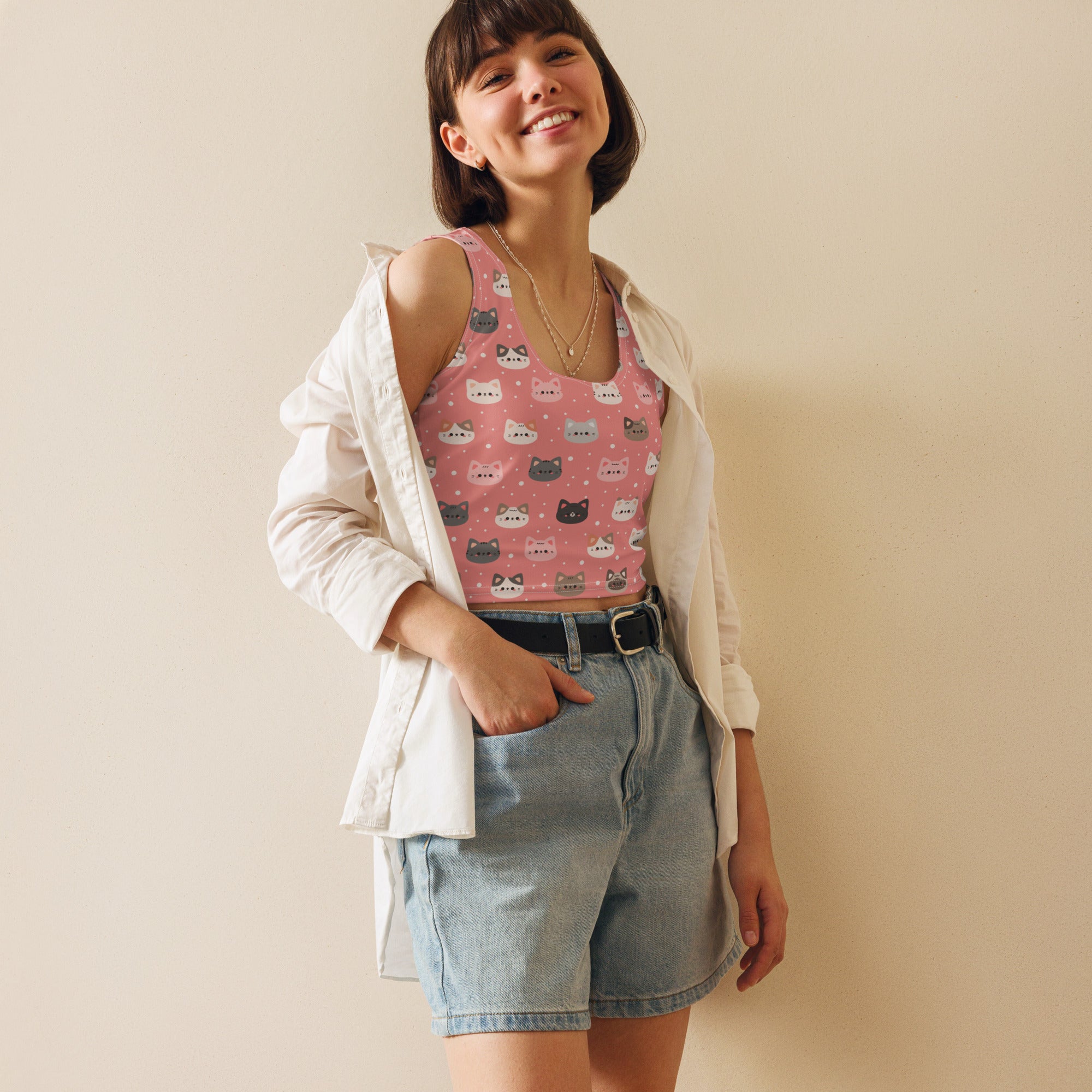 Women's Pink Cat Buttery Soft Crop Top- Quick-Drying UPF 50+ Stretch Top