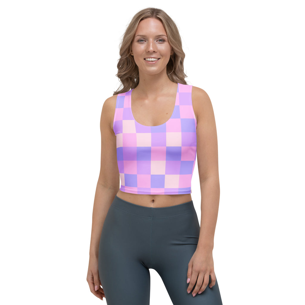 Women's Pastel Purple Gingham Buttery Soft Crop Top- Quick-Drying UPF 50+ Stretch Top