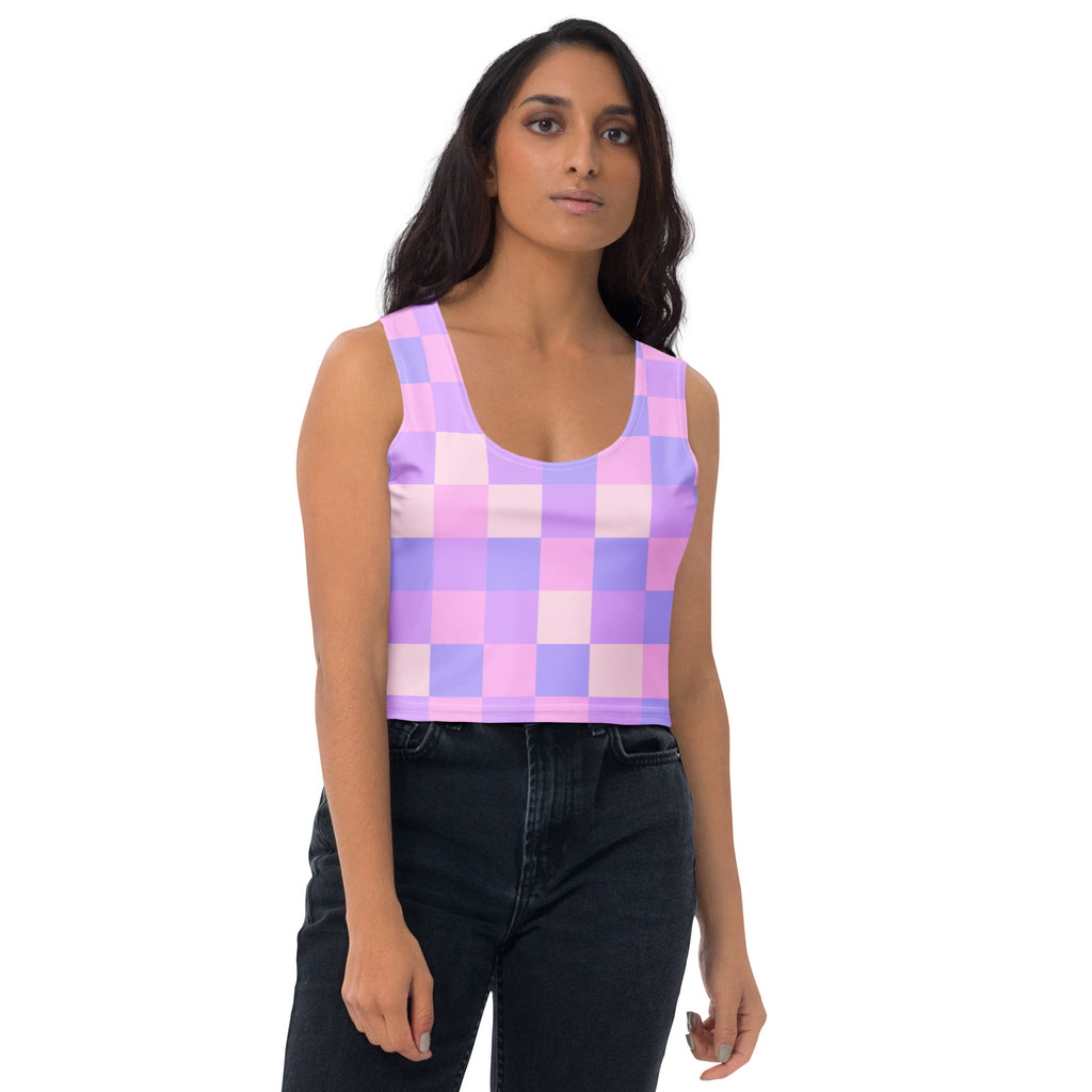 Women's Pastel Purple Gingham Buttery Soft Crop Top- Quick-Drying UPF 50+ Stretch Top