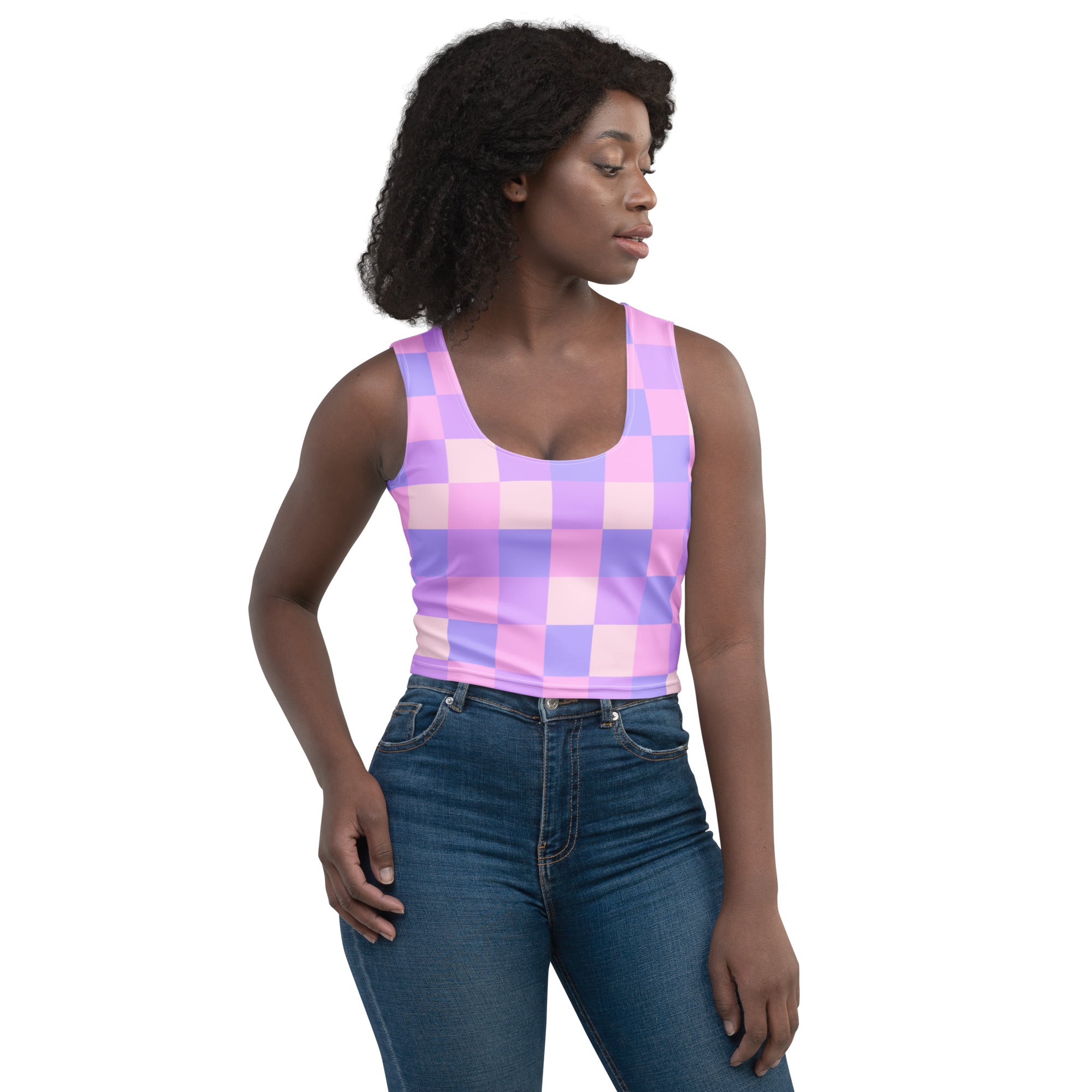 Women's Pastel Purple Gingham Buttery Soft Crop Top- Quick-Drying UPF 50+ Stretch Top