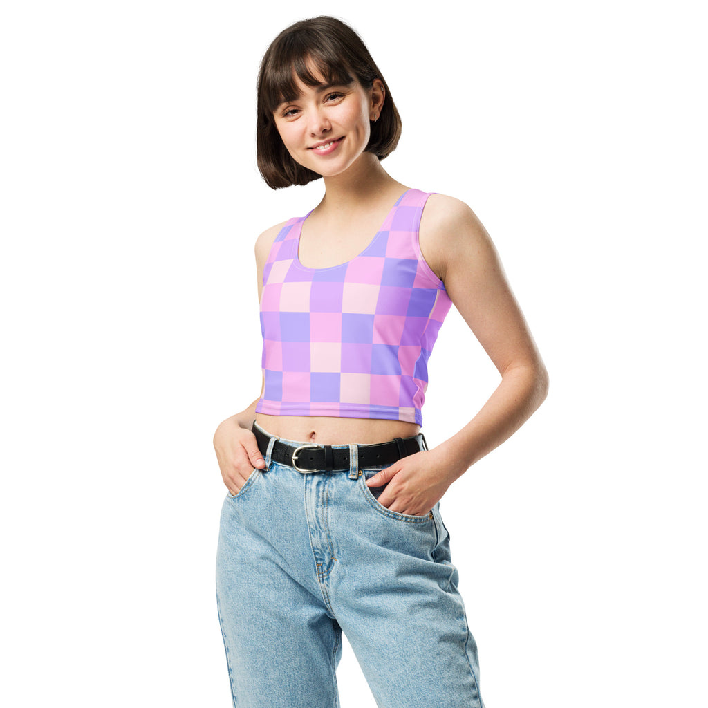 Women's Pastel Purple Gingham Buttery Soft Crop Top- Quick-Drying UPF 50+ Stretch Top