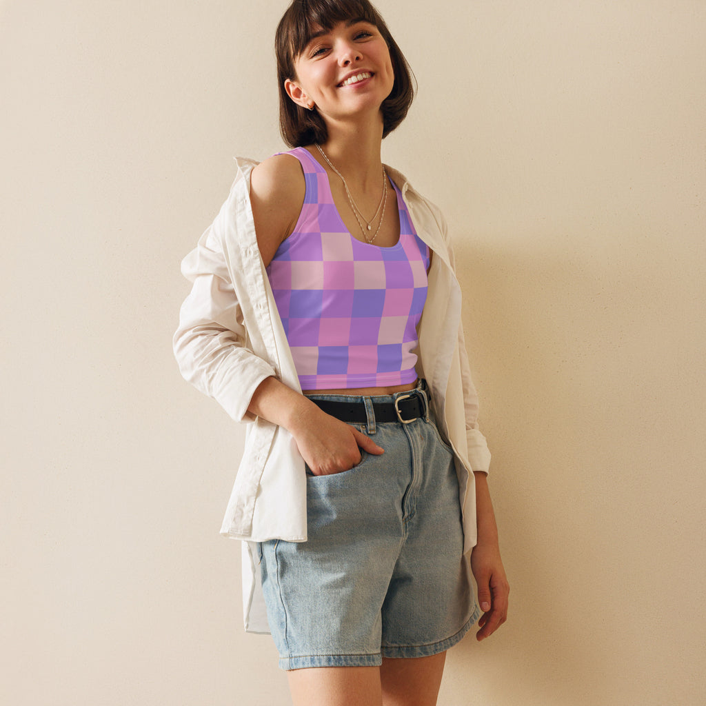 Women's Pastel Purple Gingham Buttery Soft Crop Top- Quick-Drying UPF 50+ Stretch Top