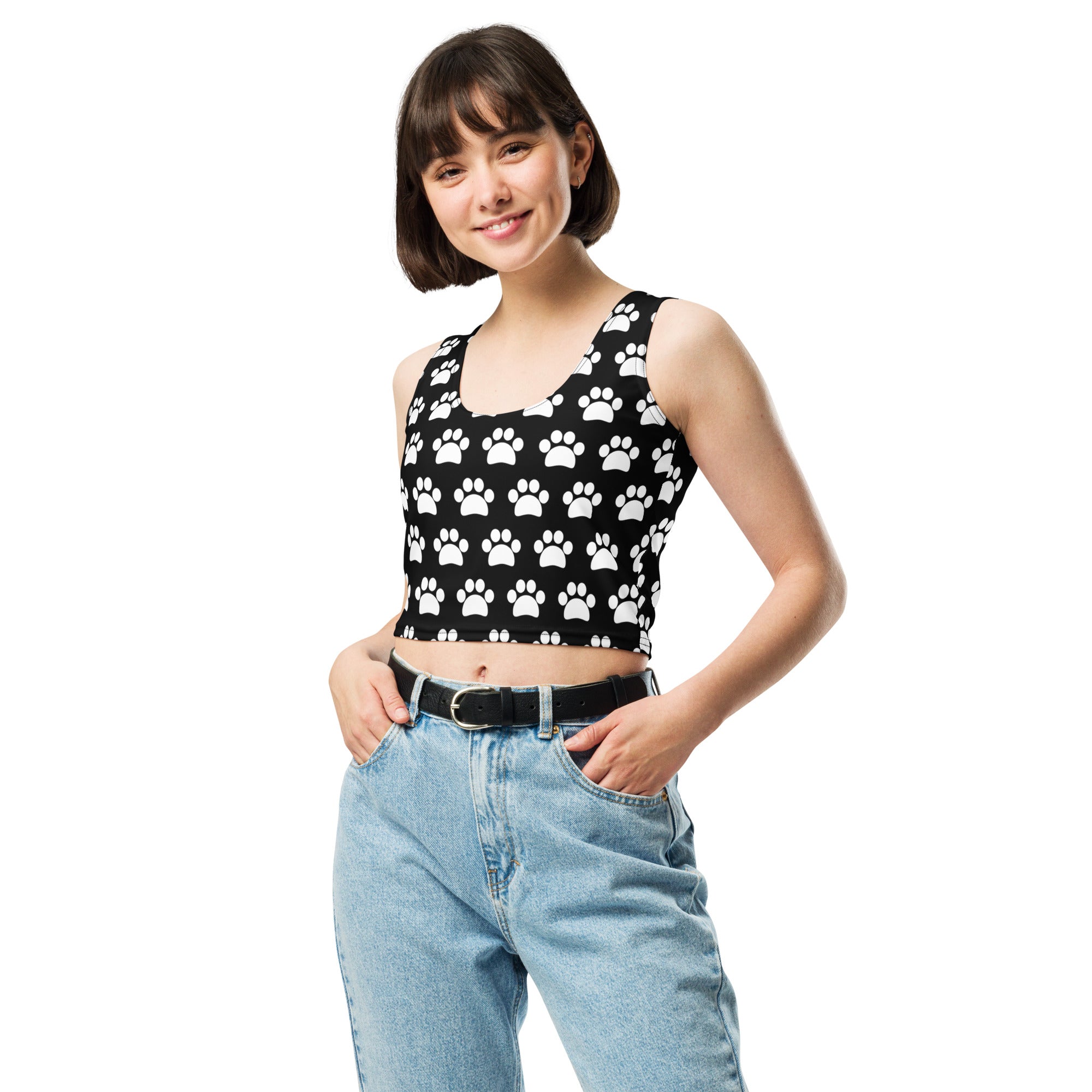 Women's Black Paw Print Buttery Soft Crop Top- Quick-Drying UPF 50+ Stretch Top