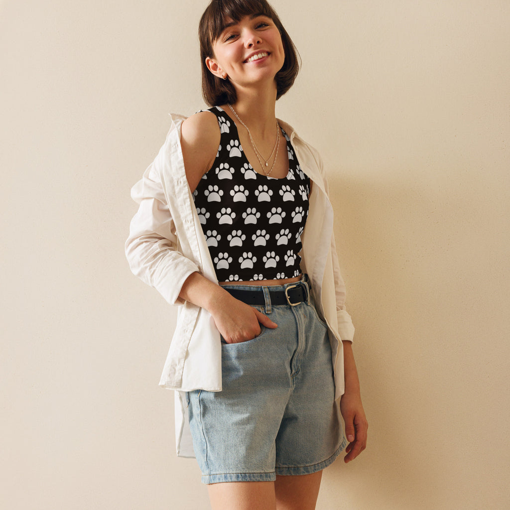 Women's Black Paw Print Buttery Soft Crop Top- Quick-Drying UPF 50+ Stretch Top