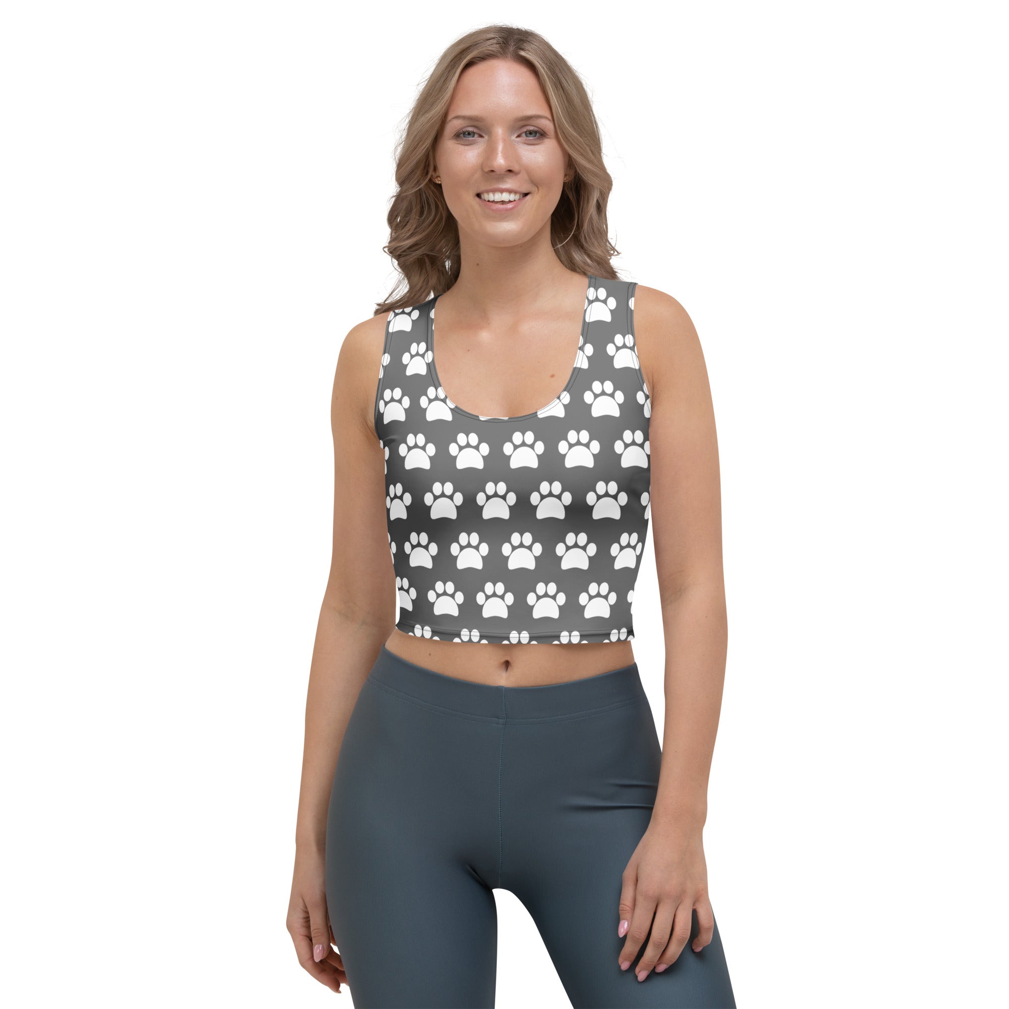 Women's Gray Paw Print Buttery Soft Crop Top- Quick-Drying UPF 50+ Stretch Top