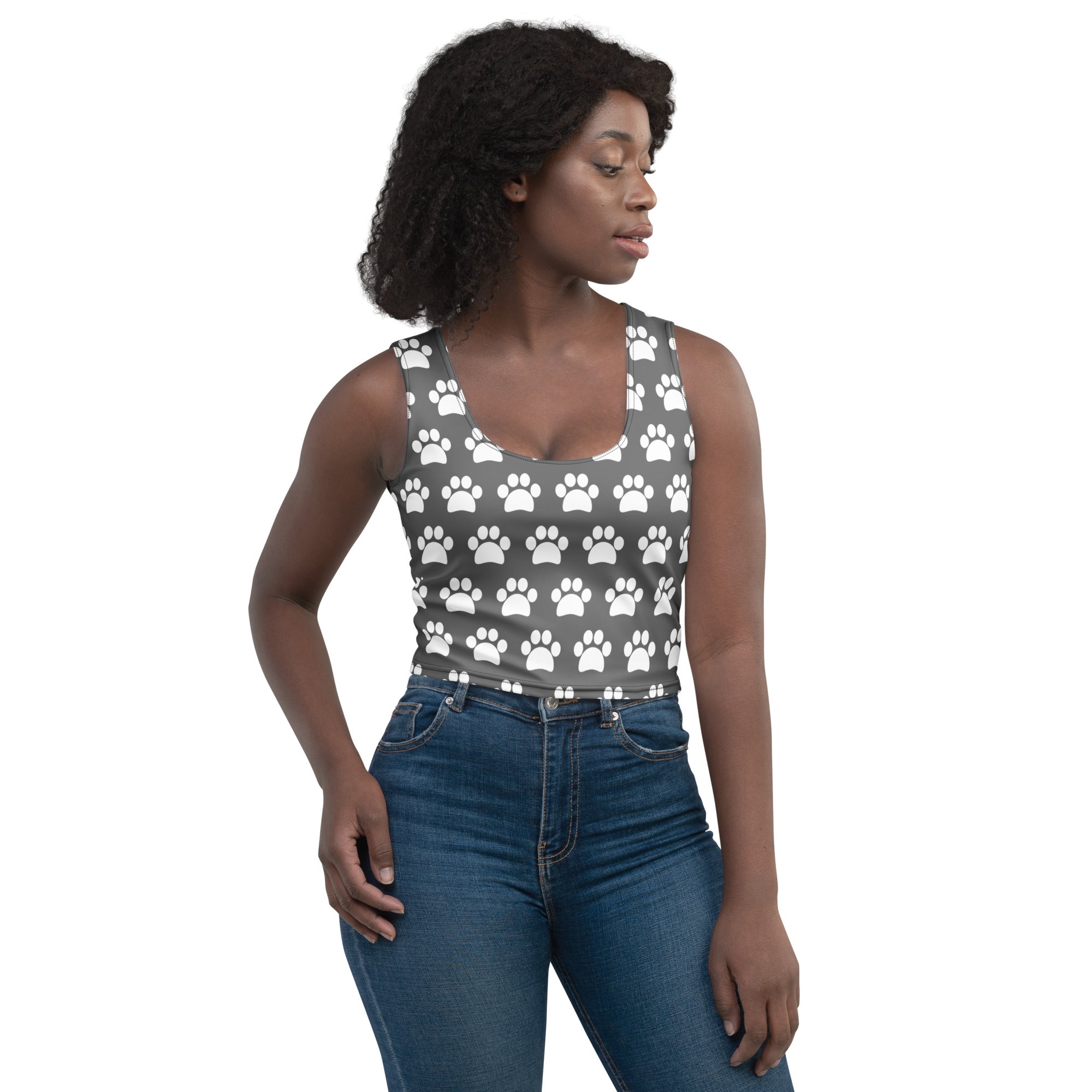 Women's Gray Paw Print Buttery Soft Crop Top- Quick-Drying UPF 50+ Stretch Top