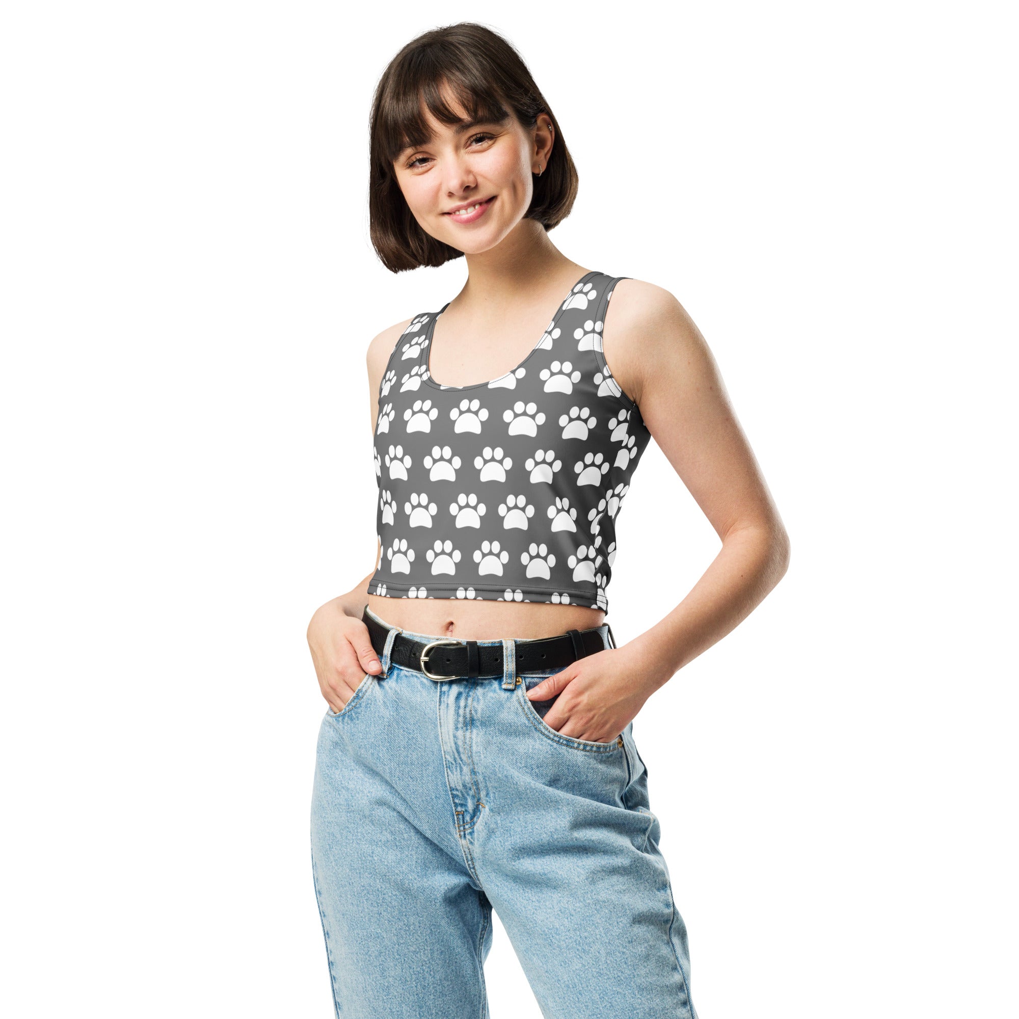 Women's Gray Paw Print Buttery Soft Crop Top- Quick-Drying UPF 50+ Stretch Top