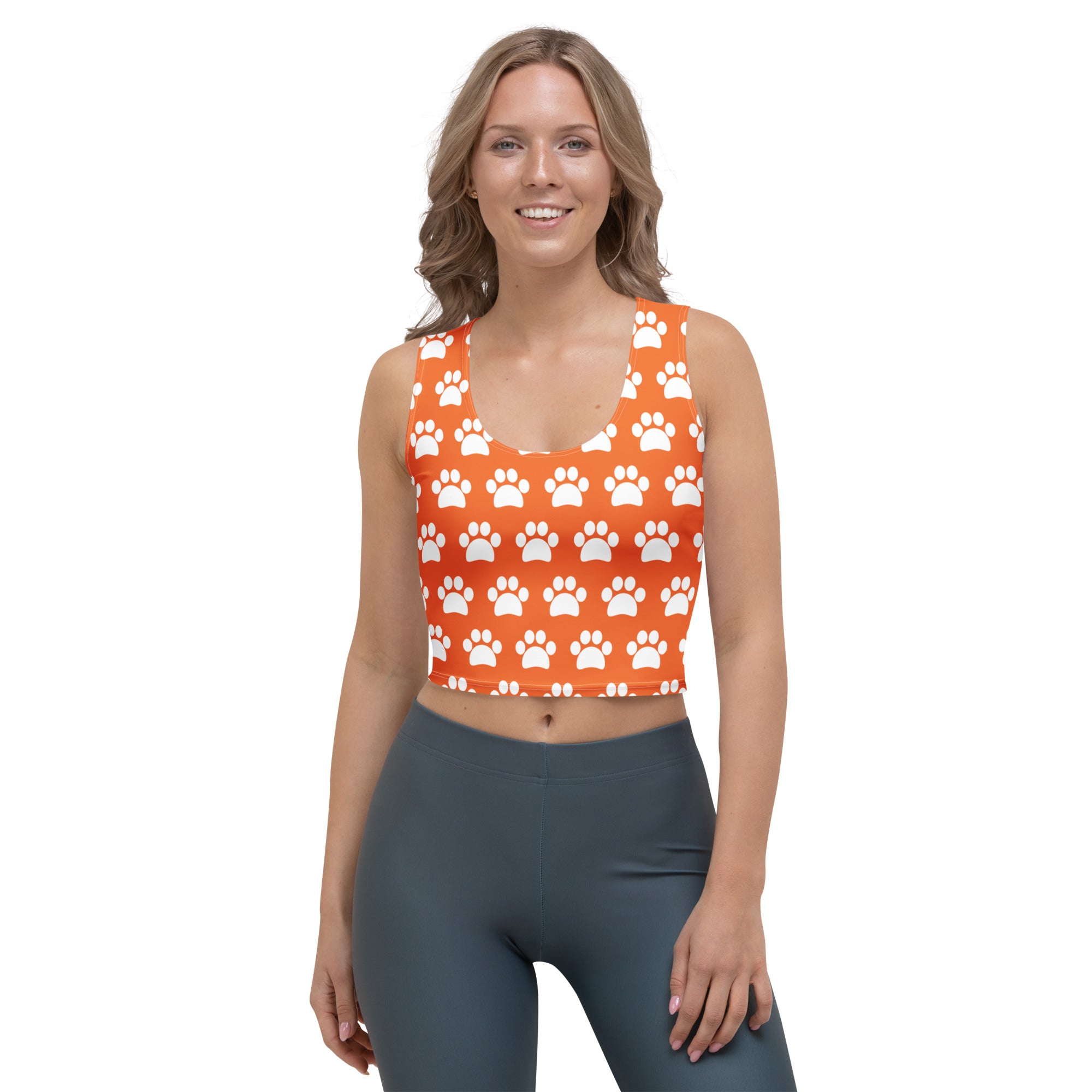 Women's Orange Paw Print Buttery Soft Crop Top- Quick-Drying UPF 50+ Stretch Top