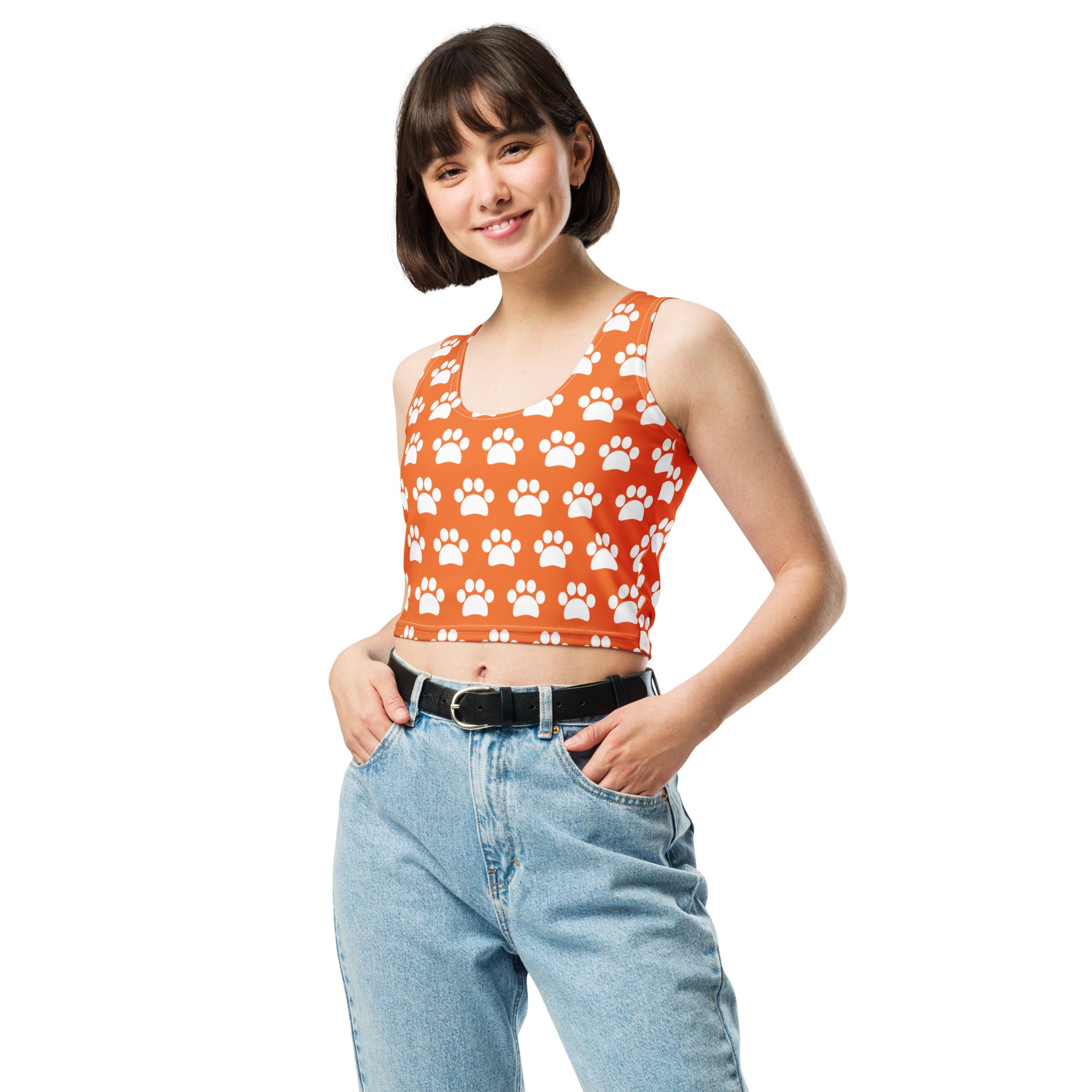 Women's Orange Paw Print Buttery Soft Crop Top- Quick-Drying UPF 50+ Stretch Top