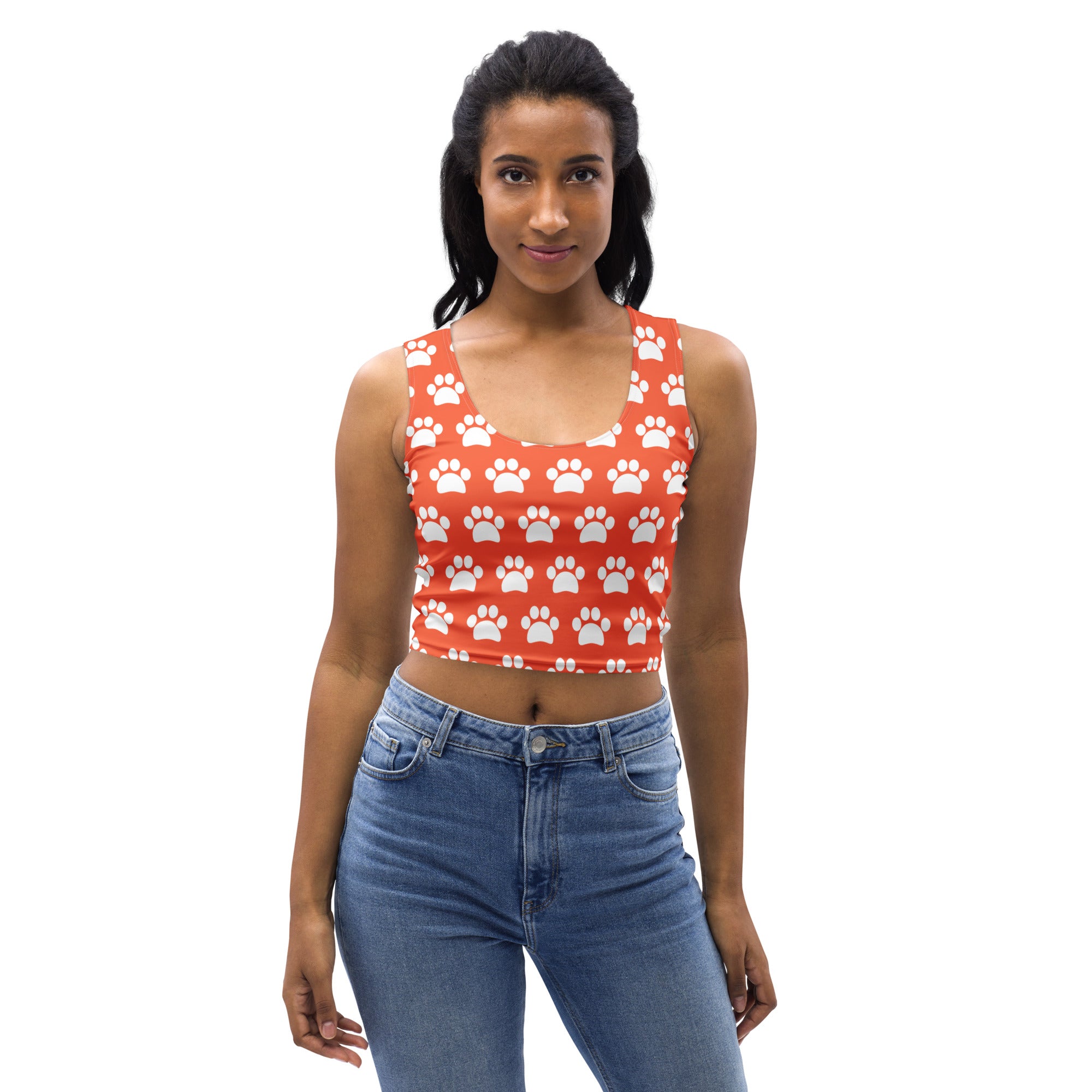 Women's Bright Orange Paw Print Buttery Soft Crop Top- Quick-Drying UPF 50+ Stretch Top