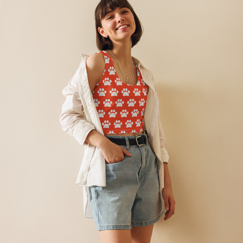 Women's Bright Orange Paw Print Buttery Soft Crop Top- Quick-Drying UPF 50+ Stretch Top