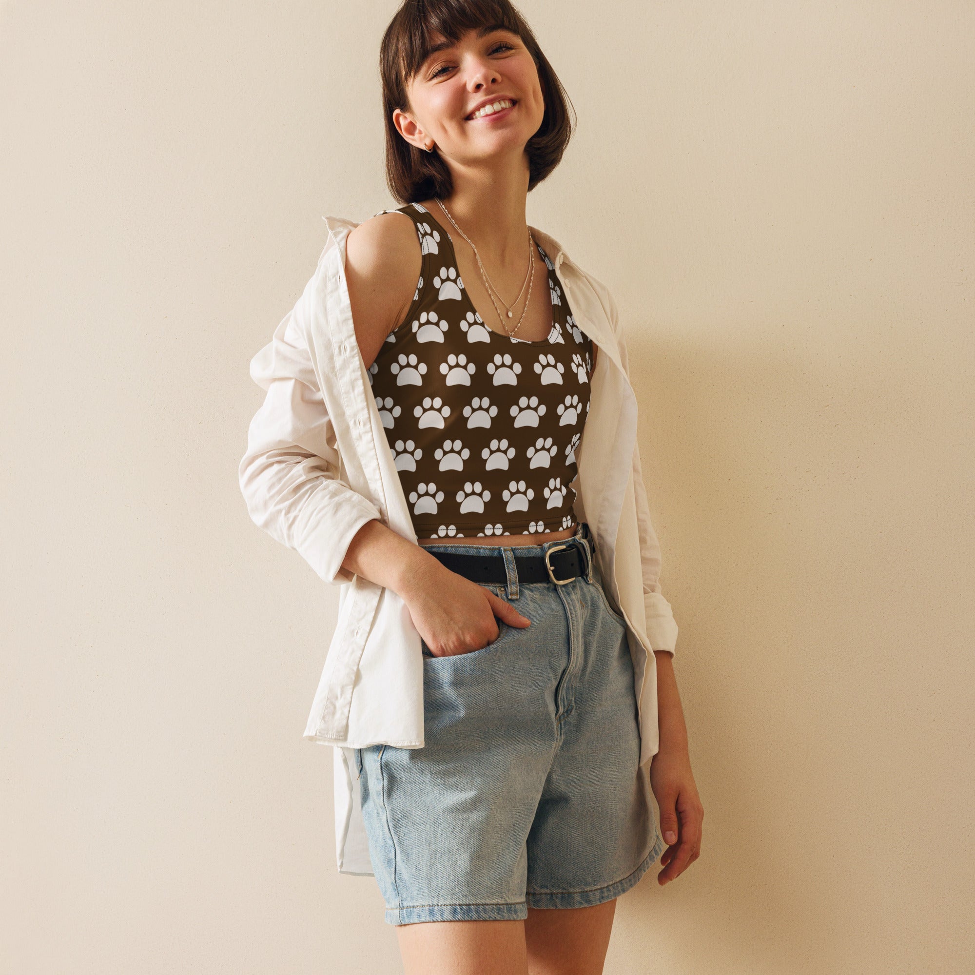 Women's Brown Paw Print Buttery Soft Crop Top- Quick-Drying UPF 50+ Stretch Top