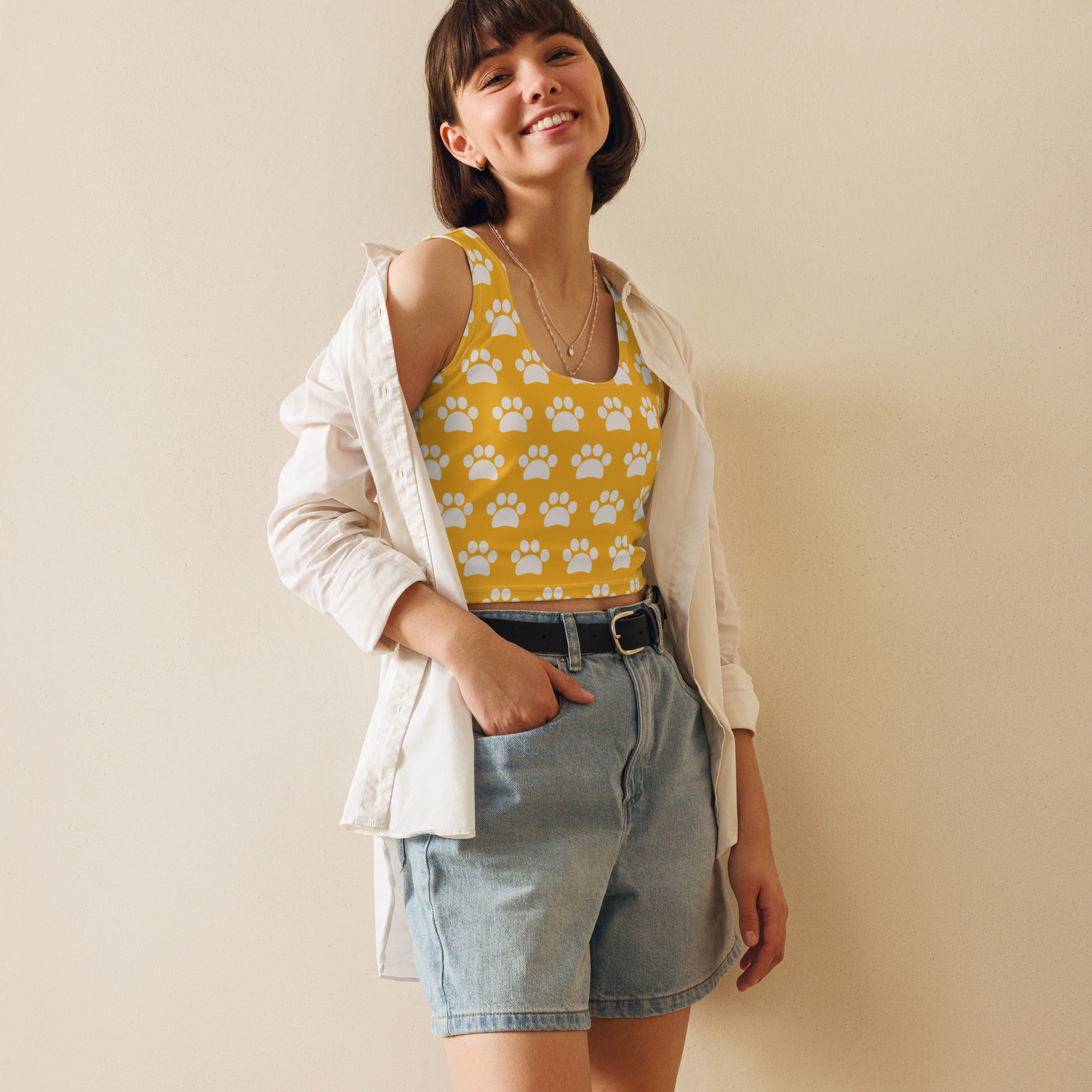 Women's Yellow Paw Print Buttery Soft Crop Top- Quick-Drying UPF 50+ Stretch Top