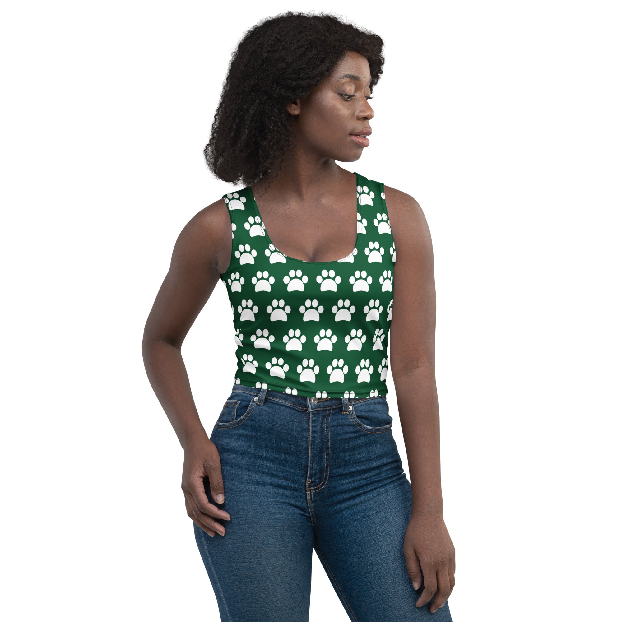 Women's Dark Green Paw Print Buttery Soft Crop Top- Quick-Drying UPF 50+ Stretch Top