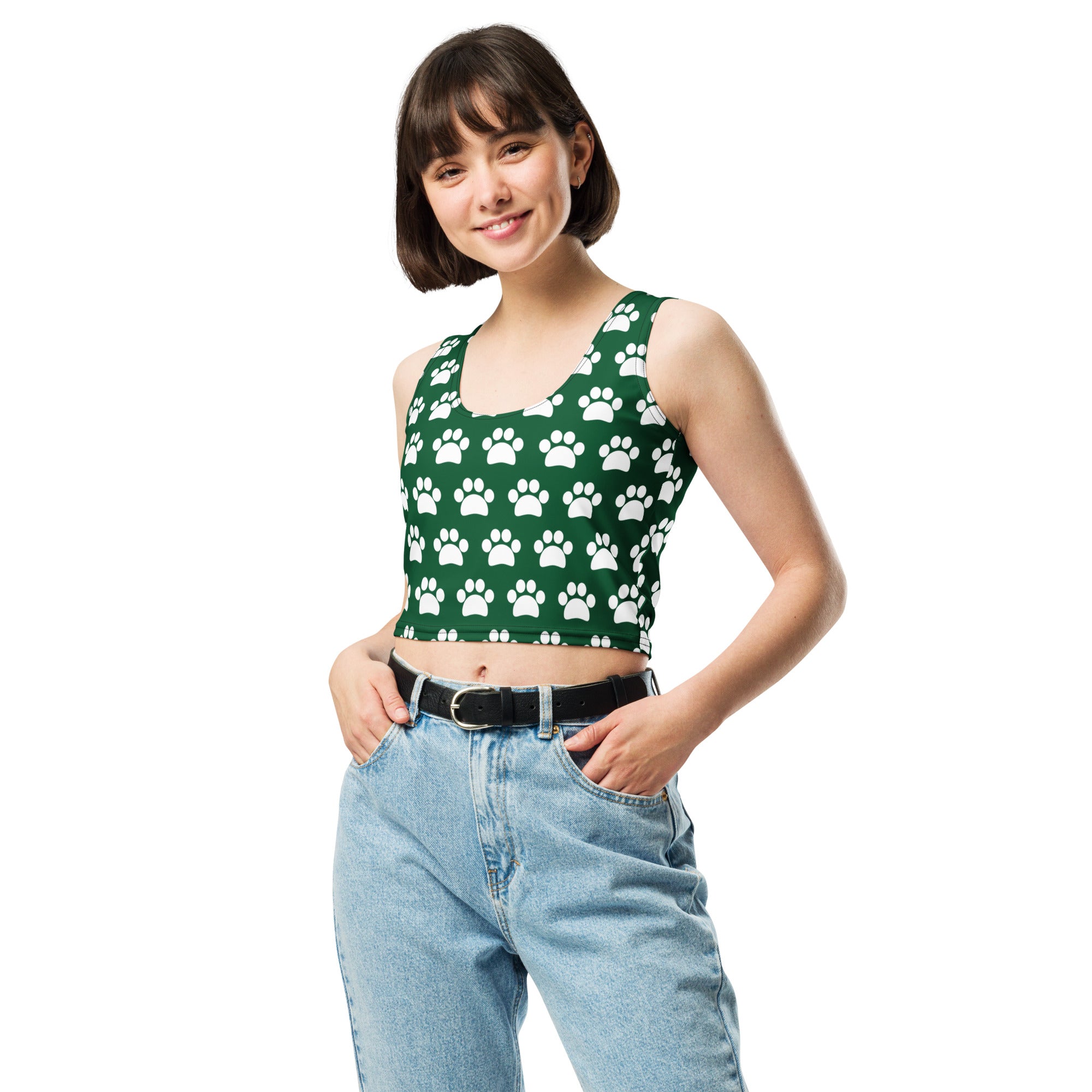 Women's Dark Green Paw Print Buttery Soft Crop Top- Quick-Drying UPF 50+ Stretch Top