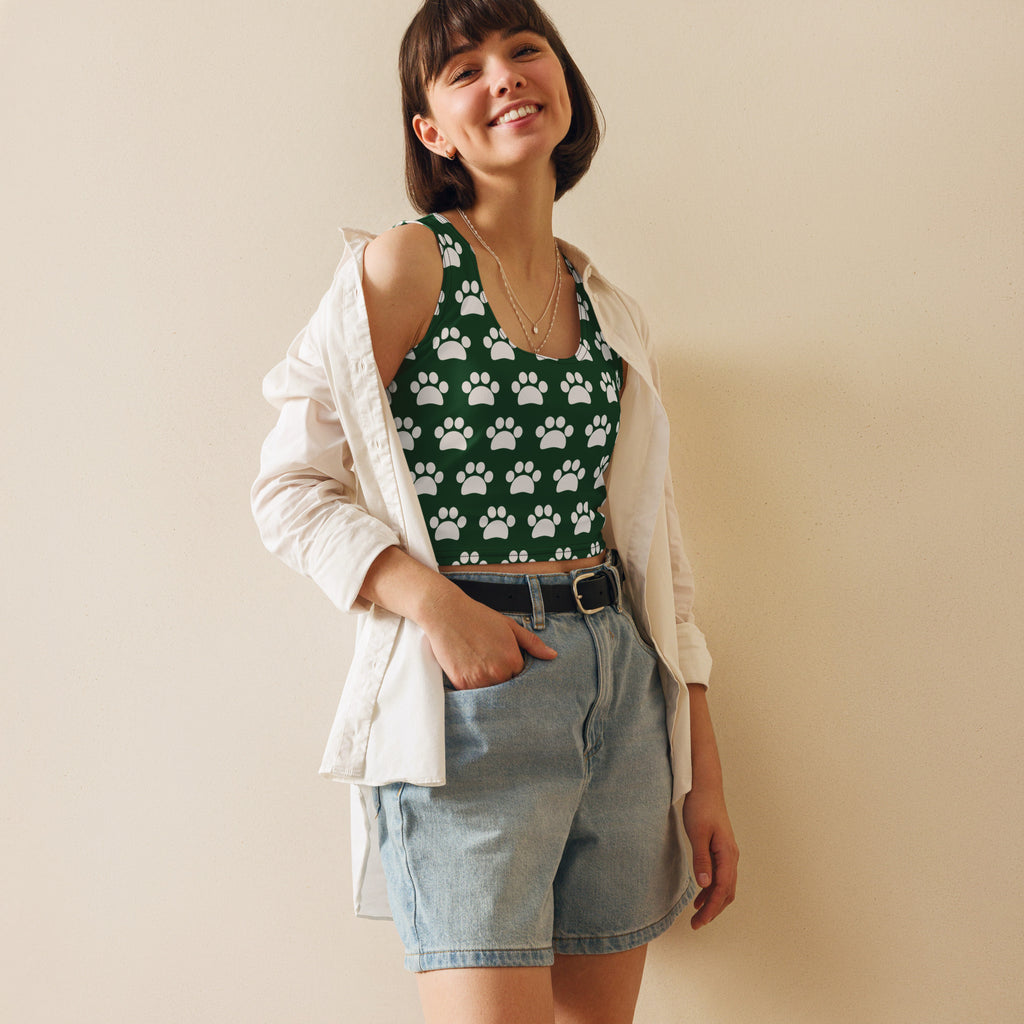 Women's Dark Green Paw Print Buttery Soft Crop Top- Quick-Drying UPF 50+ Stretch Top