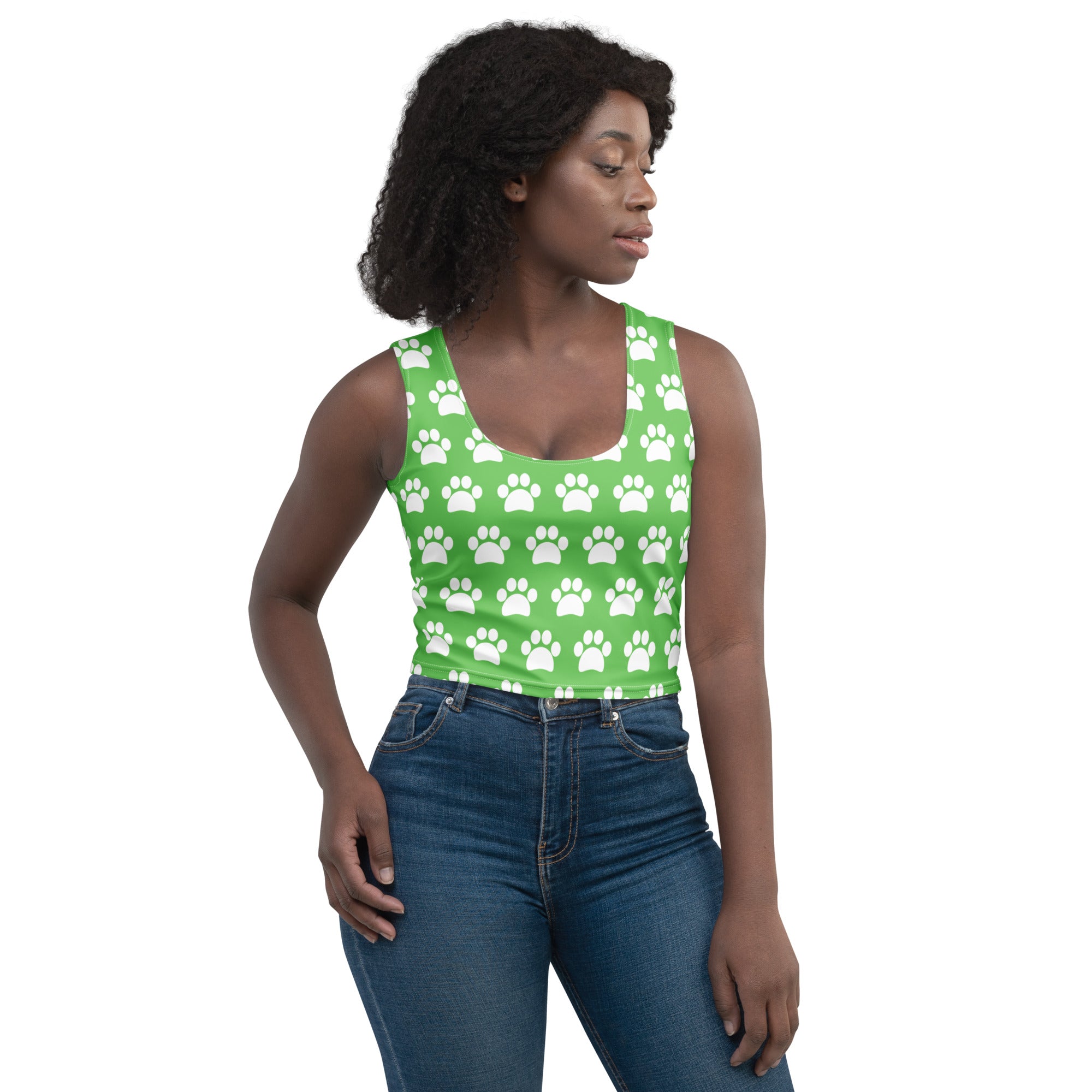 Women's Green Paw Print Buttery Soft Crop Top- Quick-Drying UPF 50+ Stretch Top