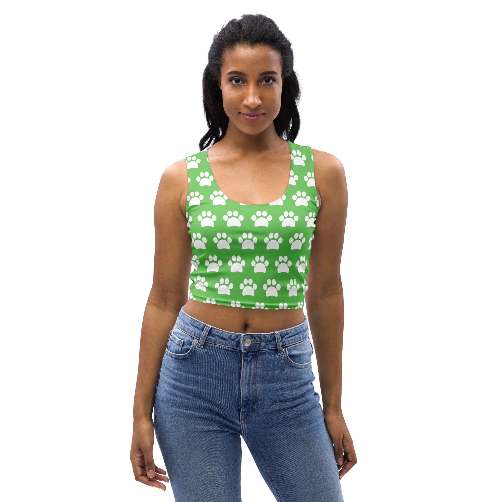 Women's Green Paw Print Buttery Soft Crop Top- Quick-Drying UPF 50+ Stretch Top