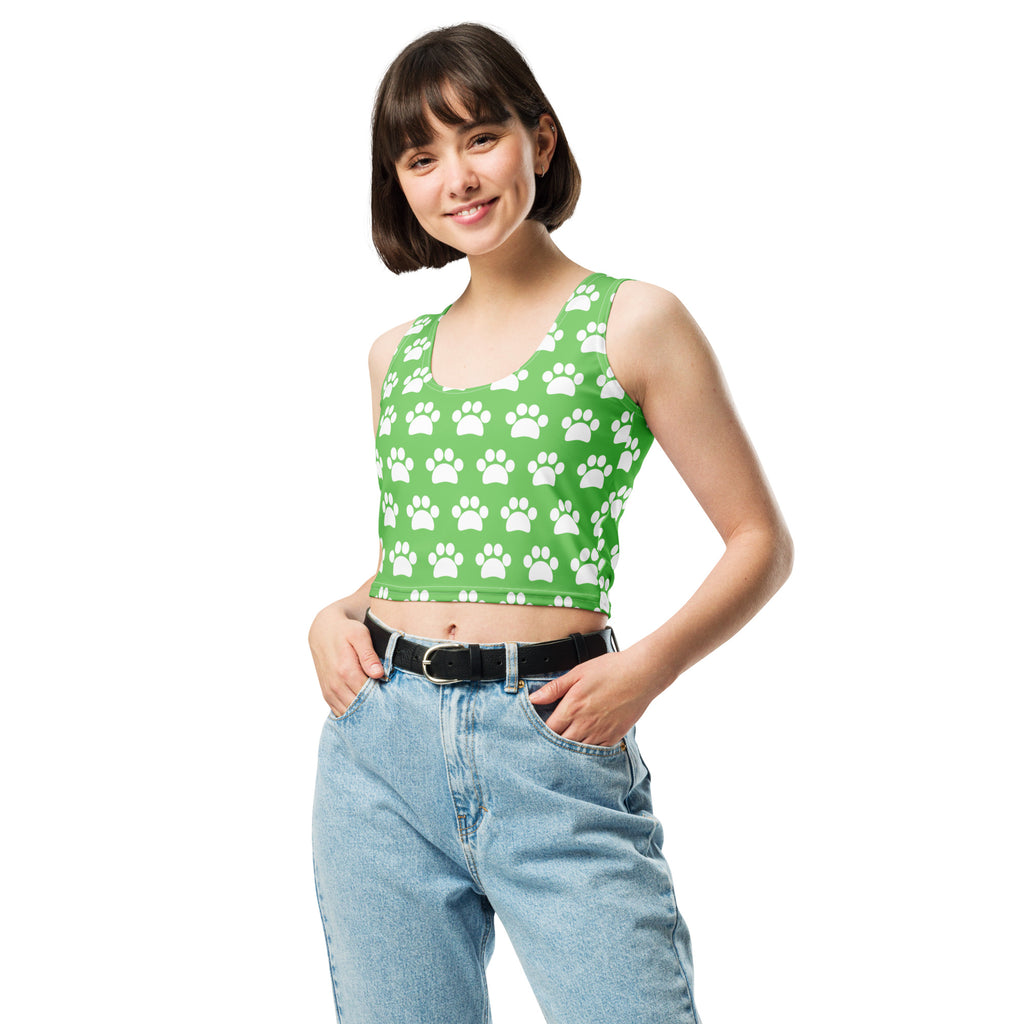 Women's Green Paw Print Buttery Soft Crop Top- Quick-Drying UPF 50+ Stretch Top