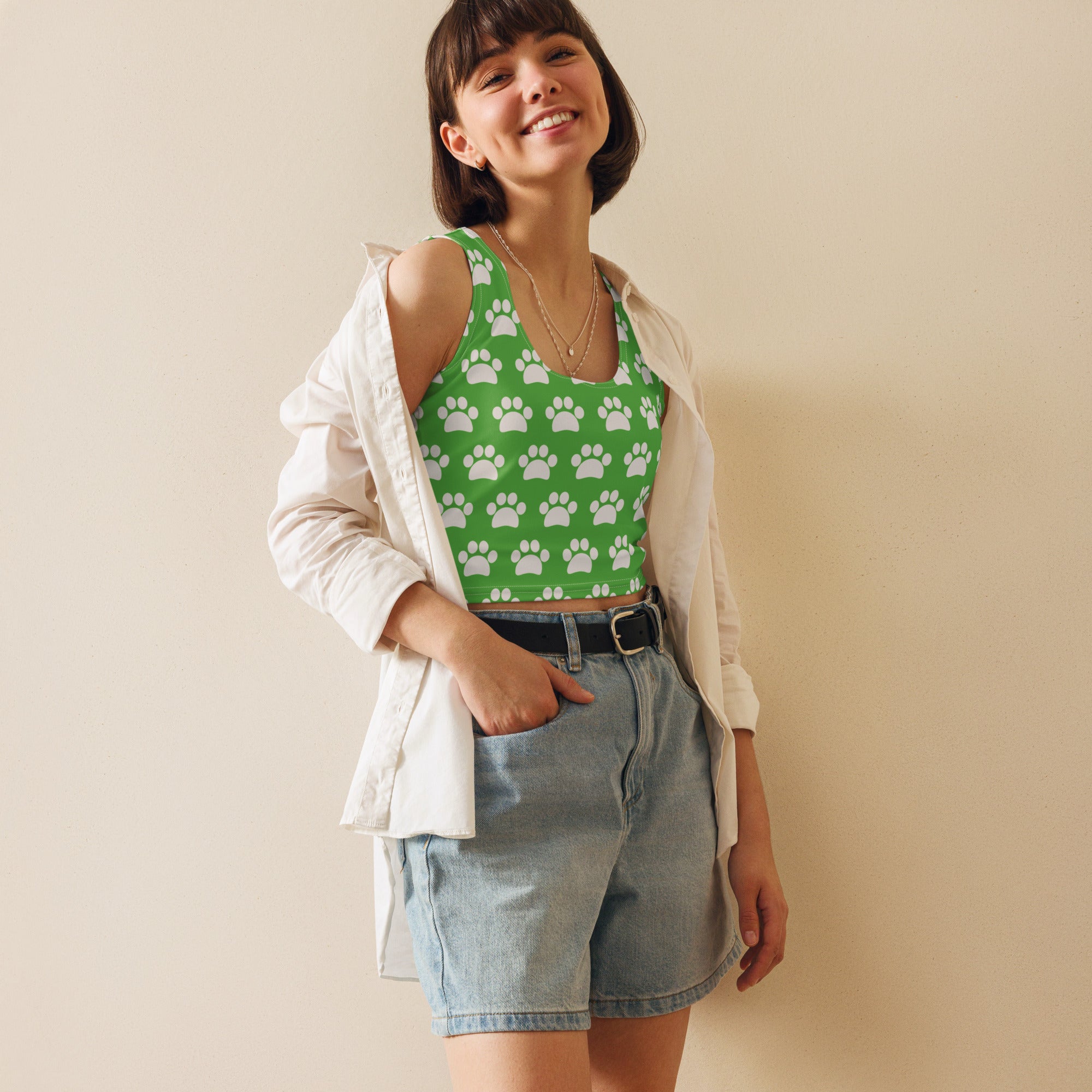 Women's Green Paw Print Buttery Soft Crop Top- Quick-Drying UPF 50+ Stretch Top