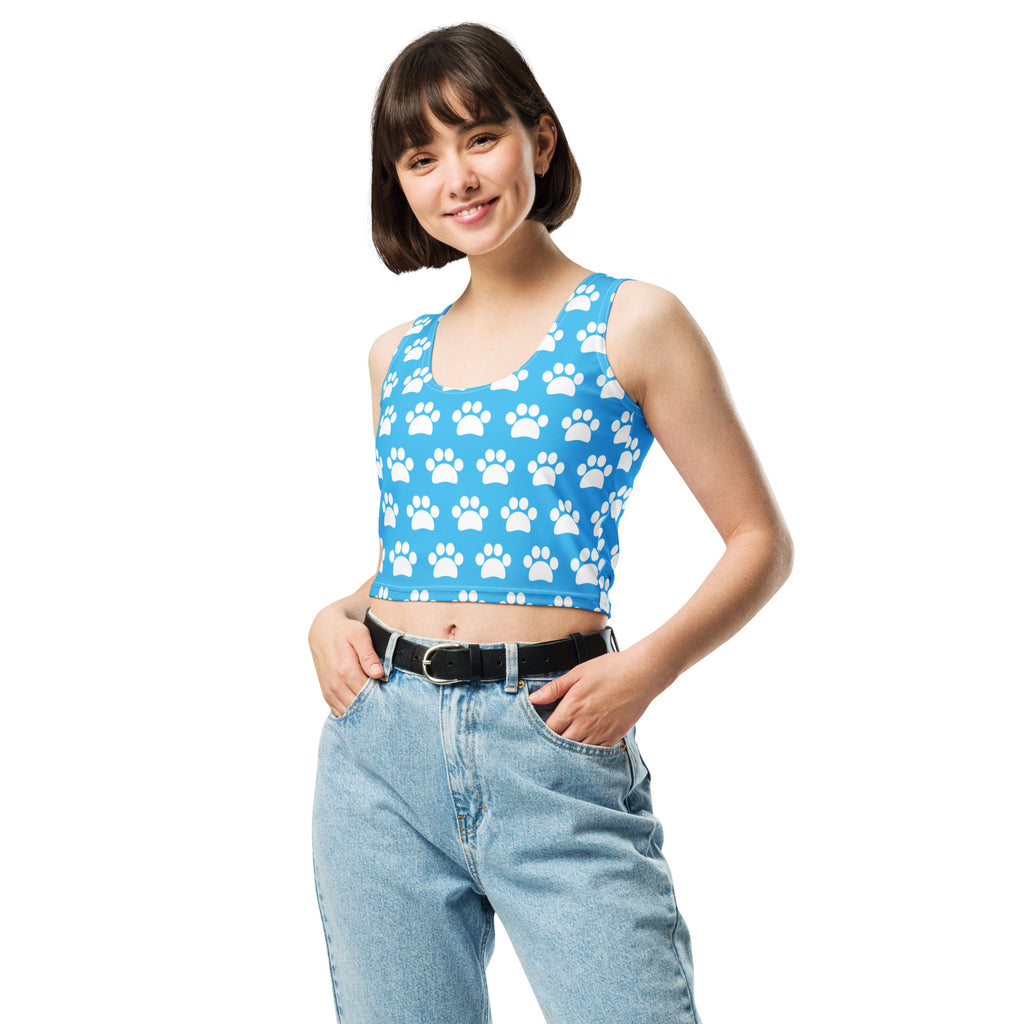Women's Light Blue Paw Print Buttery Soft Crop Top- Quick-Drying UPF 50+ Stretch Top