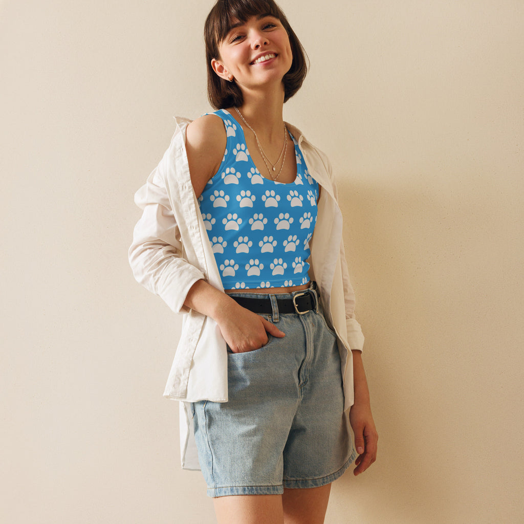Women's Light Blue Paw Print Buttery Soft Crop Top- Quick-Drying UPF 50+ Stretch Top