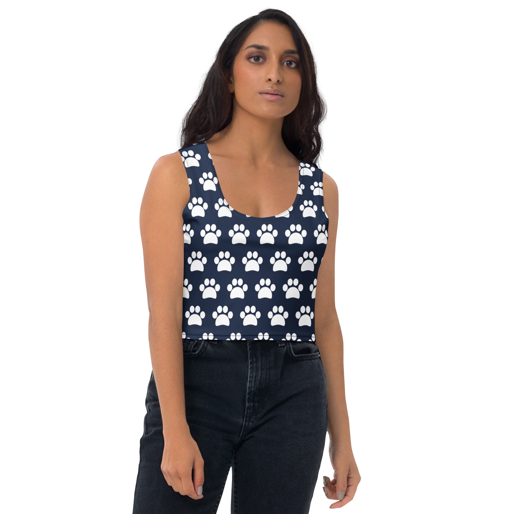 Women's Navy Paw Print Buttery Soft Crop Top- Quick-Drying UPF 50+ Stretch Top