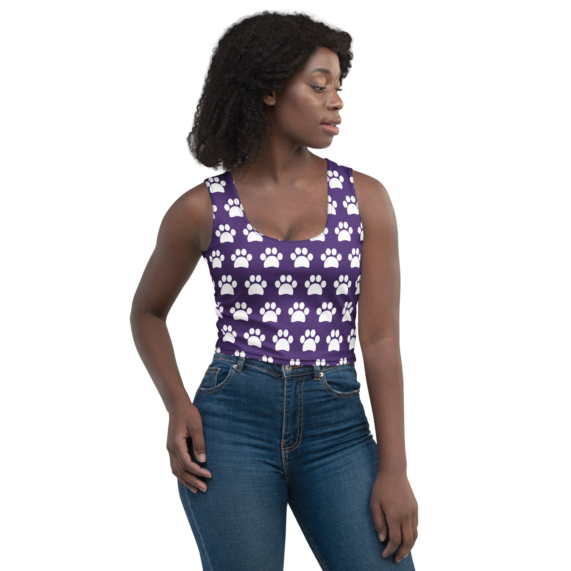 Women's Dark Purple Paw Print Buttery Soft Crop Top- Quick-Drying UPF 50+ Stretch Top
