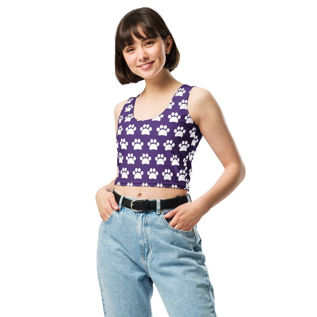 Women's Dark Purple Paw Print Buttery Soft Crop Top- Quick-Drying UPF 50+ Stretch Top
