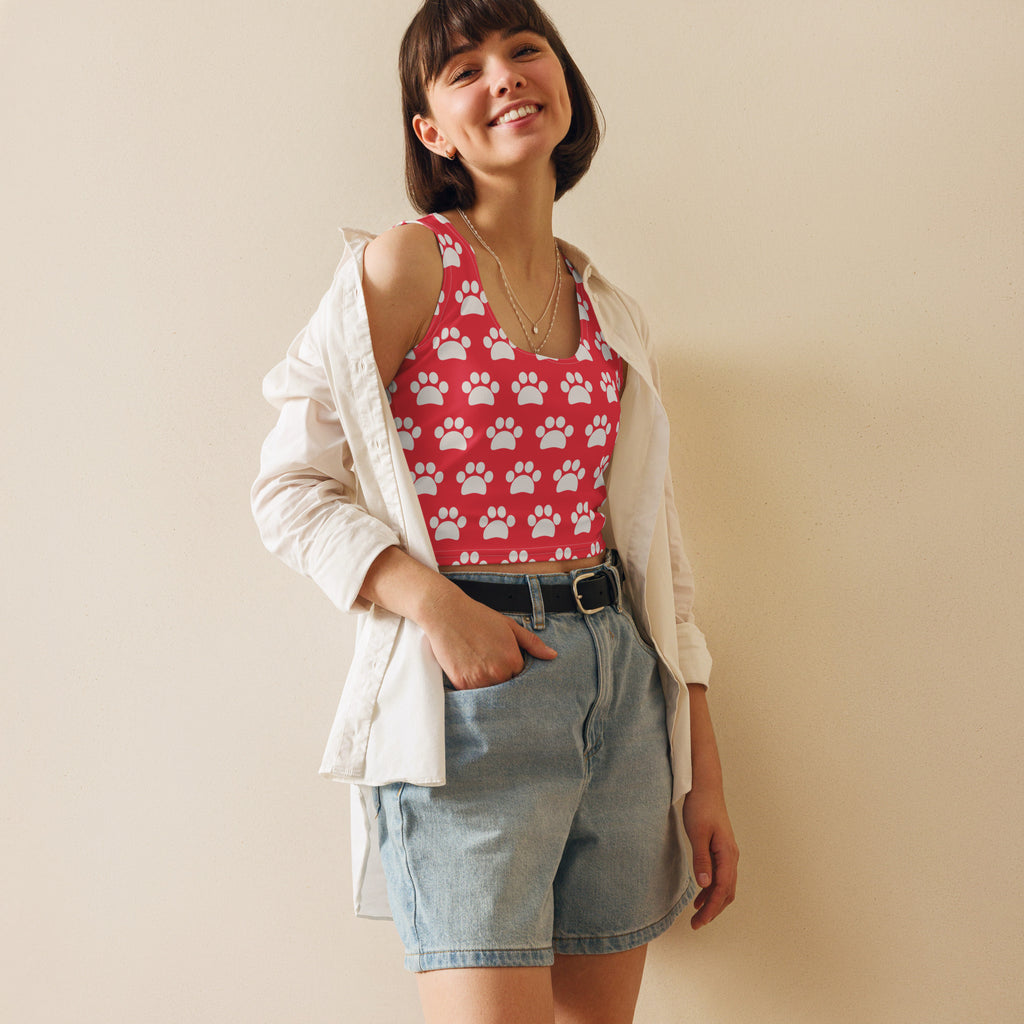 Women's Bright Pink Paw Print Buttery Soft Crop Top- Quick-Drying UPF 50+ Stretch Top