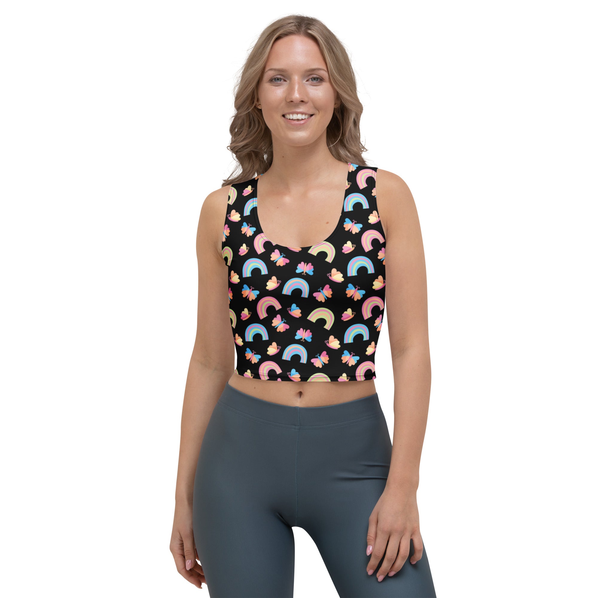 Women's Rainbow Butterfly Buttery Soft Crop Top- Quick-Drying UPF 50+ Stretch Top