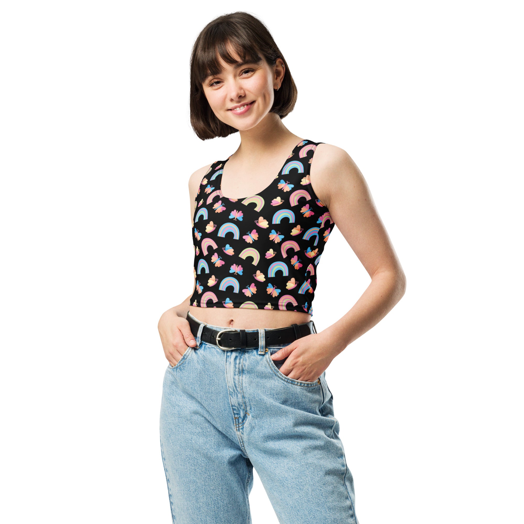 Women's Rainbow Butterfly Buttery Soft Crop Top- Quick-Drying UPF 50+ Stretch Top