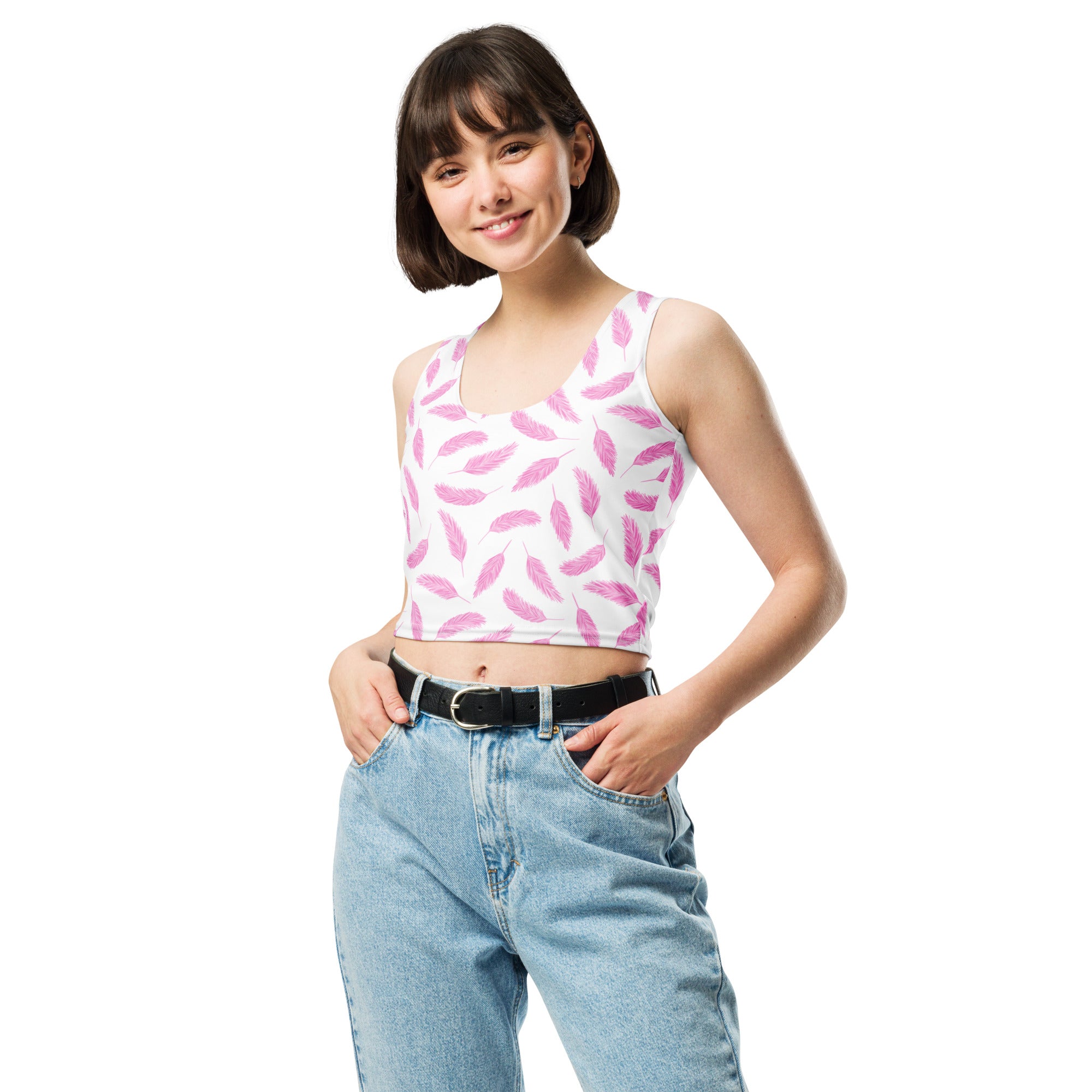 Women's Pink Flamingo Feather Buttery Soft Crop Top- Quick-Drying UPF 50+ Stretch Top