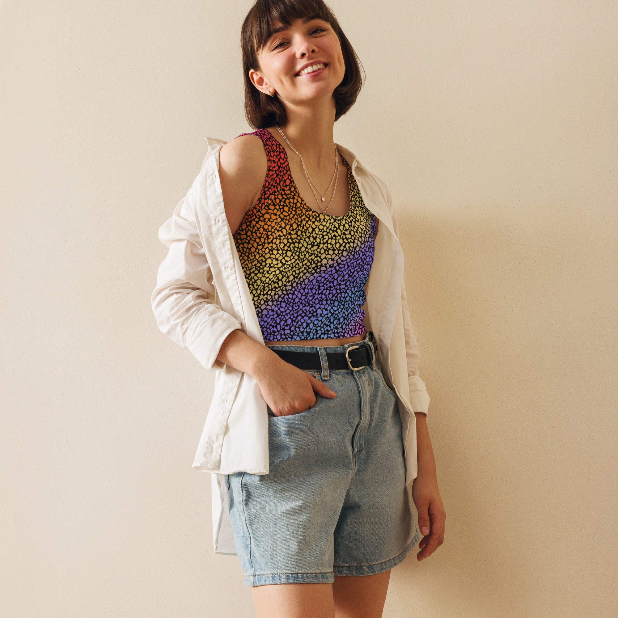 Women's Rainbow Animal Print Buttery Soft Crop Top- Quick-Drying UPF 50+ Stretch Top