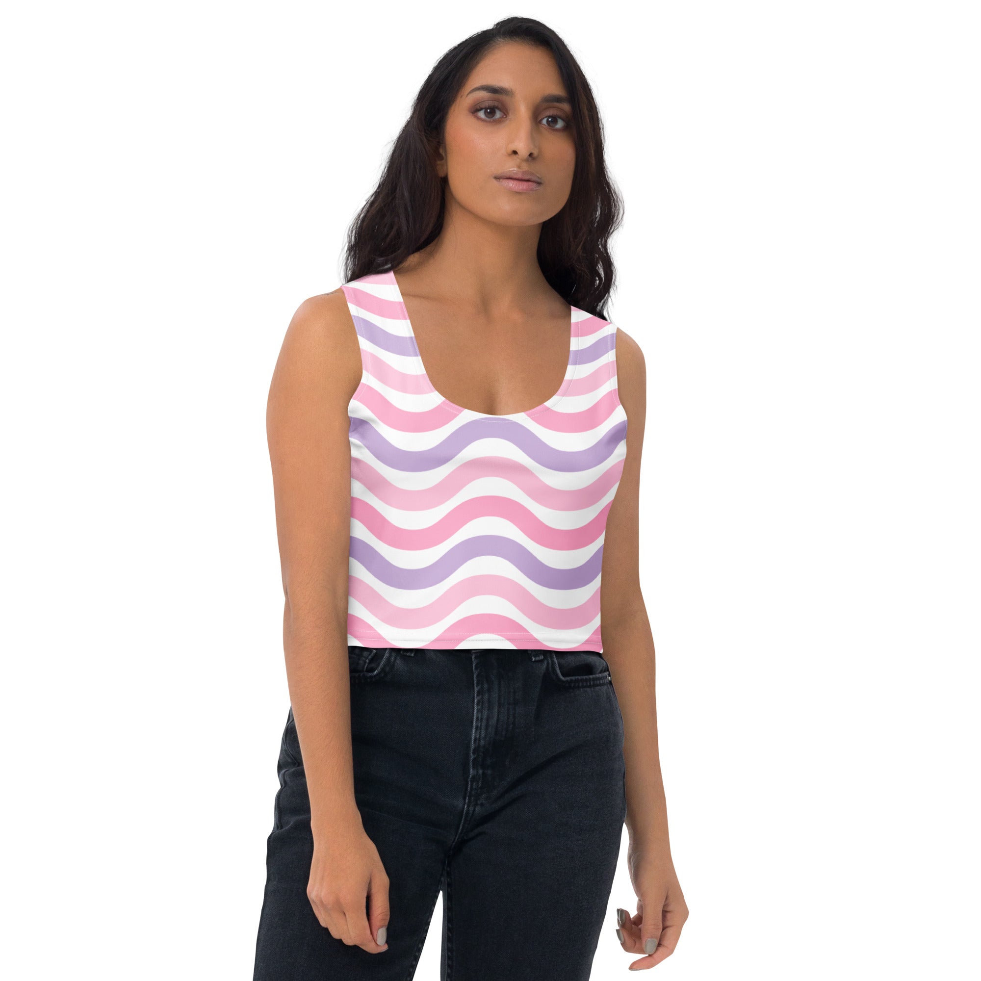 Women's Pink Wavy Stripe Buttery Soft Crop Top- Quick-Drying UPF 50+ Stretch Top