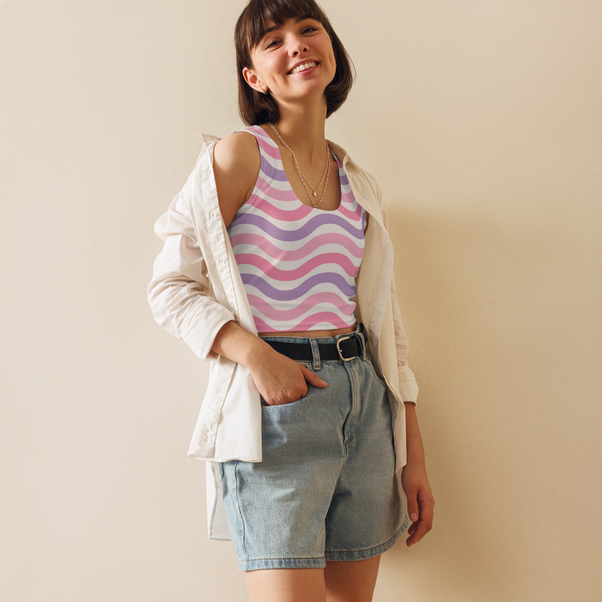 Women's Pink Wavy Stripe Buttery Soft Crop Top- Quick-Drying UPF 50+ Stretch Top