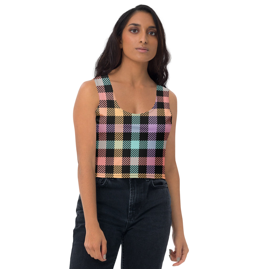 Women's Pastel Rainbow Plaid Buttery Soft Crop Top- Quick-Drying UPF 50+ Stretch Top