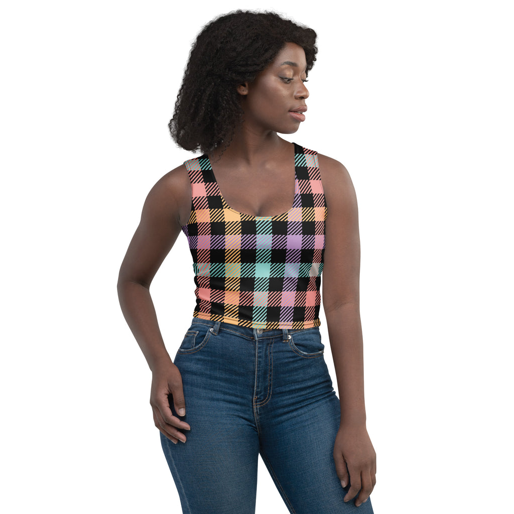 Women's Pastel Rainbow Plaid Buttery Soft Crop Top- Quick-Drying UPF 50+ Stretch Top