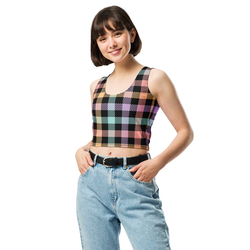 Women's Pastel Rainbow Plaid Buttery Soft Crop Top- Quick-Drying UPF 50+ Stretch Top