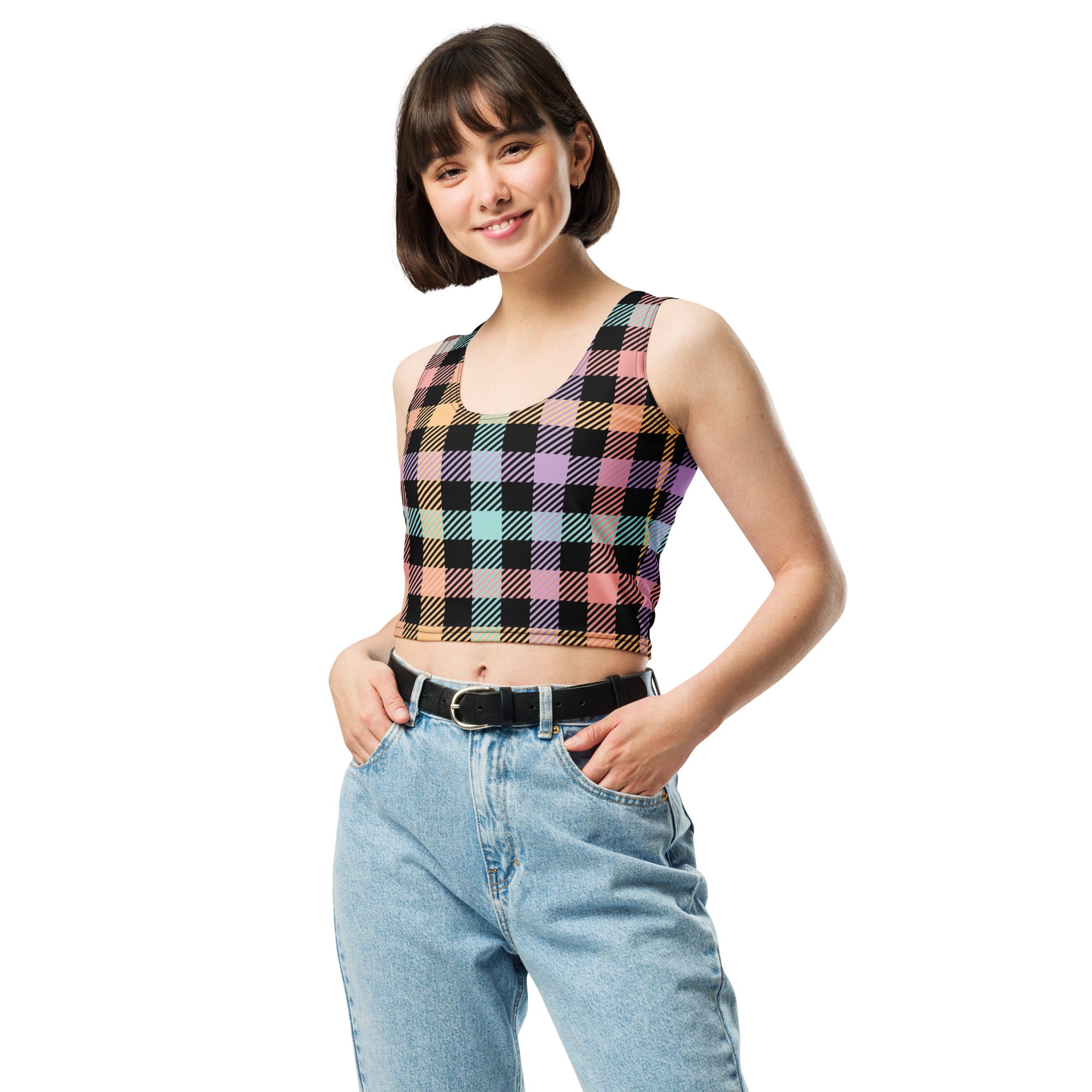 Women's Pastel Rainbow Plaid Buttery Soft Crop Top- Quick-Drying UPF 50+ Stretch Top
