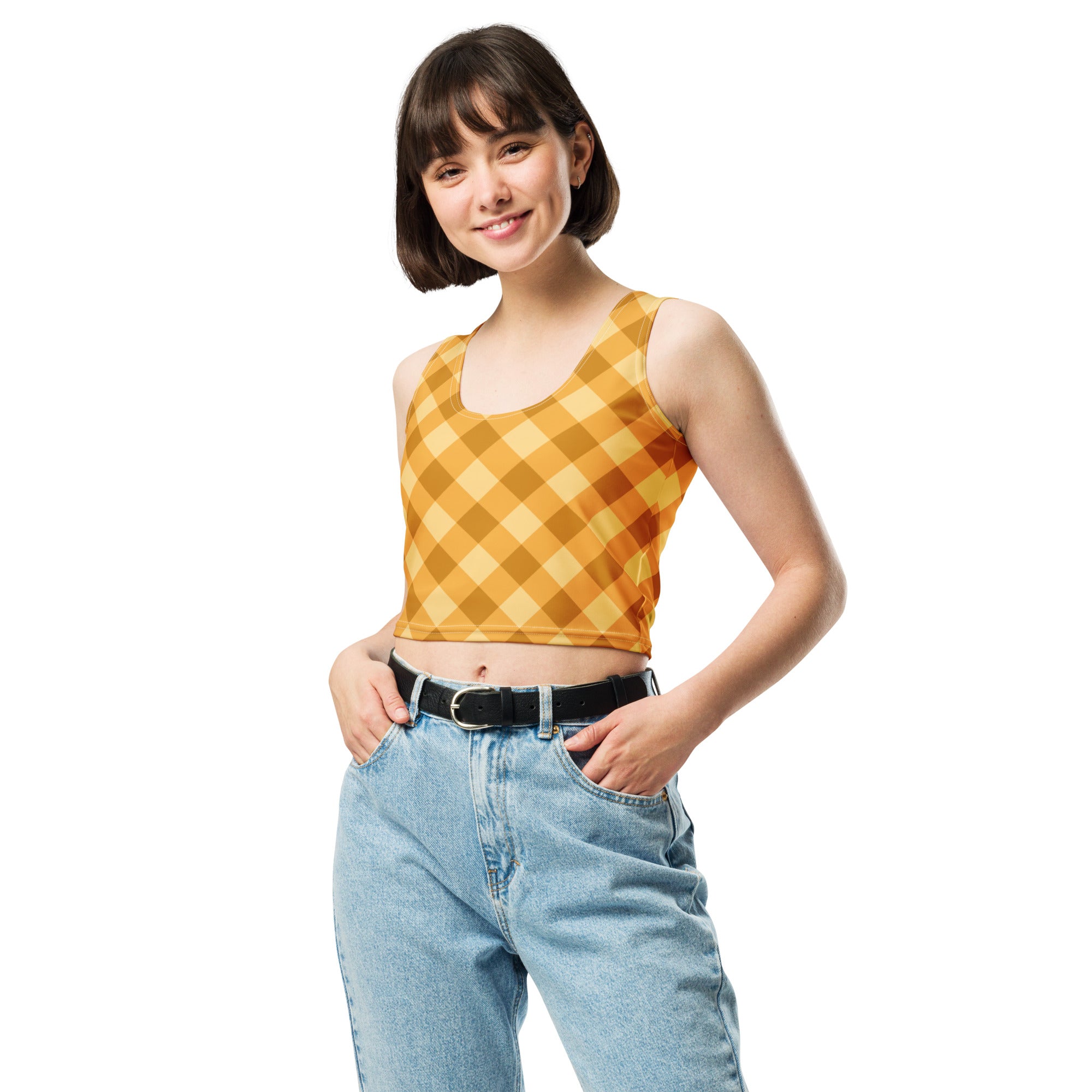Women's Golden Plaid Buttery Soft Crop Top- Quick-Drying UPF 50+ Stretch Top