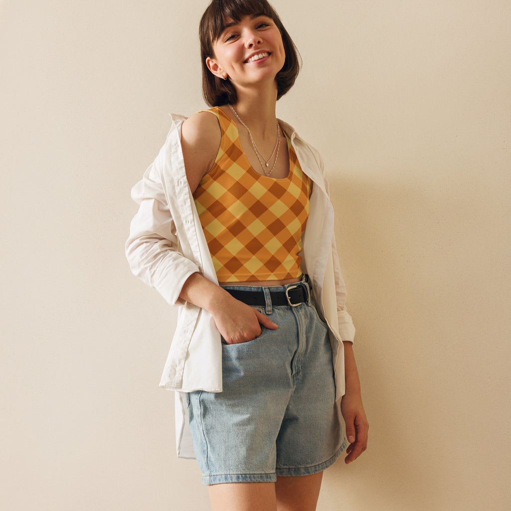Women's Golden Plaid Buttery Soft Crop Top- Quick-Drying UPF 50+ Stretch Top