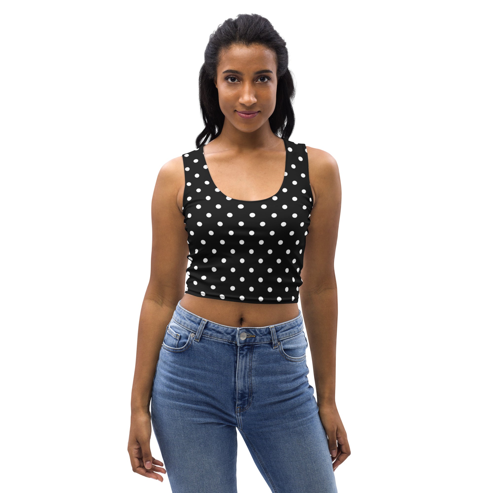 Women's Black Polka Dot Buttery Soft Crop Top- Quick-Drying UPF 50+ Stretch Top