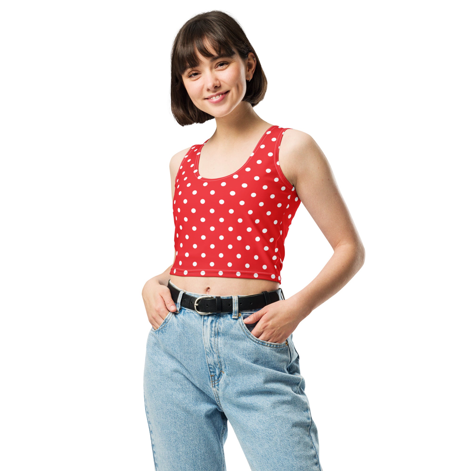 Women's Red Polka Dot Buttery Soft Crop Top- Quick-Drying UPF 50+ Stretch Top
