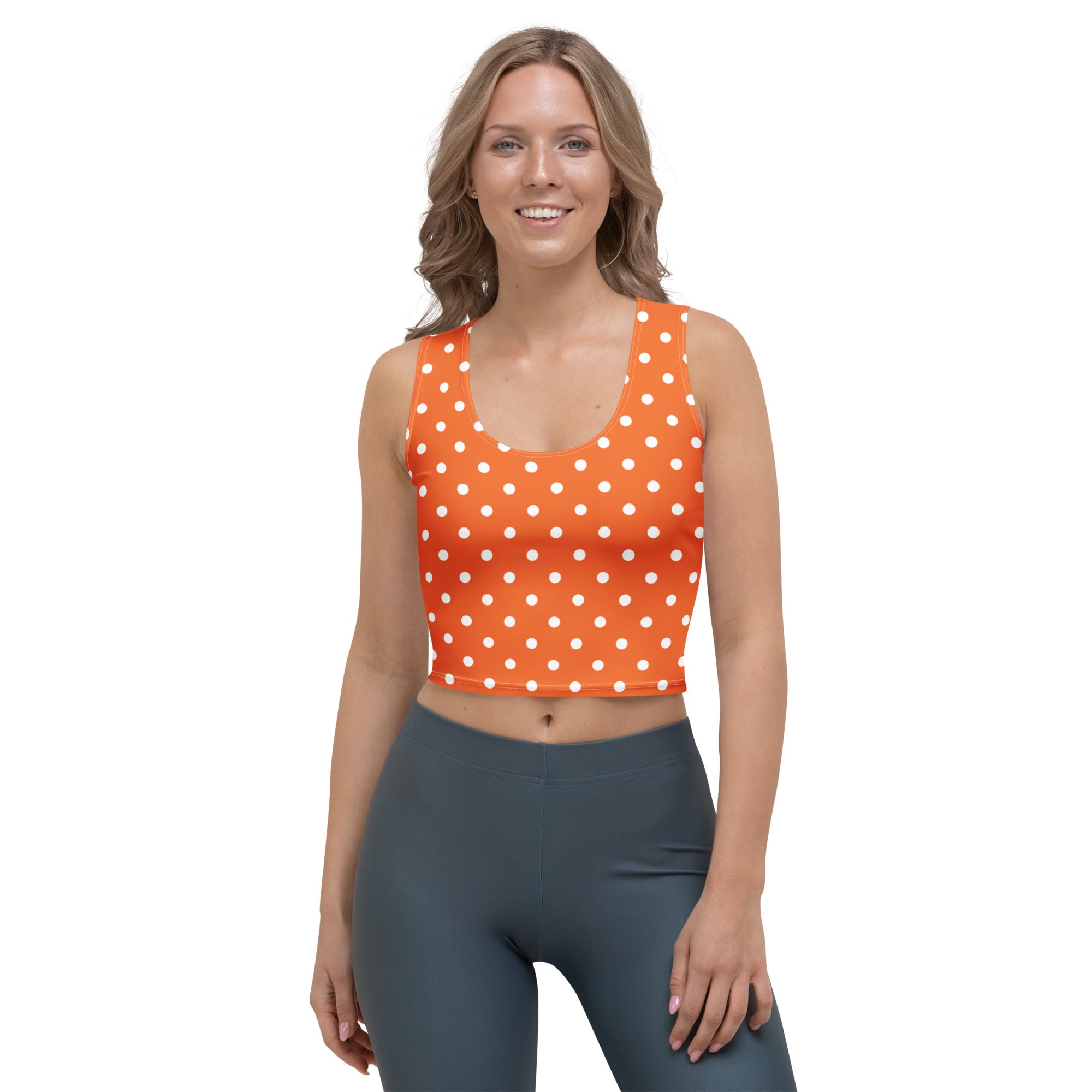Women's Orange Polka Dot Buttery Soft Crop Top- Quick-Drying UPF 50+ Stretch Top