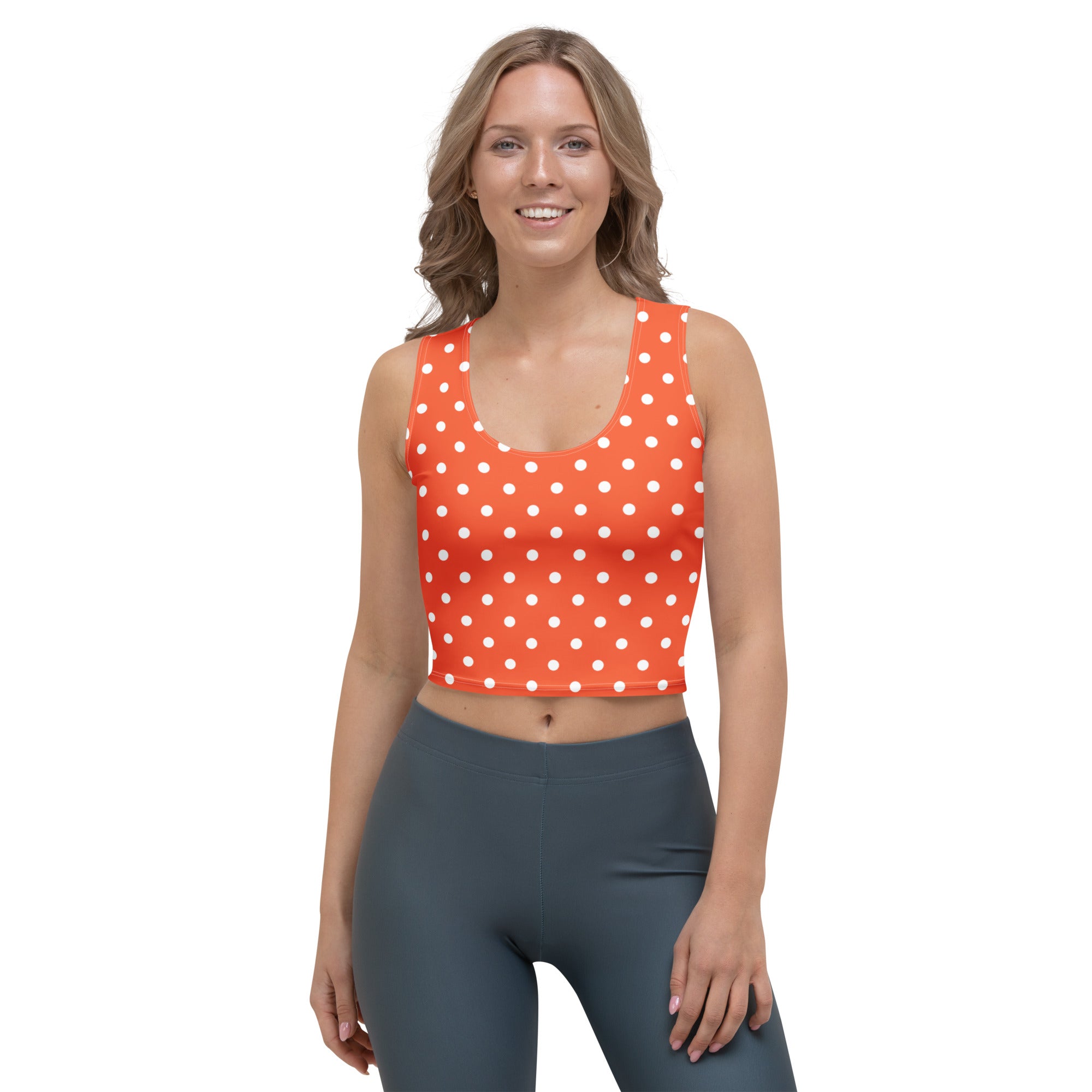 Women's Bright Orange Polka Dot Buttery Soft Crop Top- Quick-Drying UPF 50+ Stretch Top