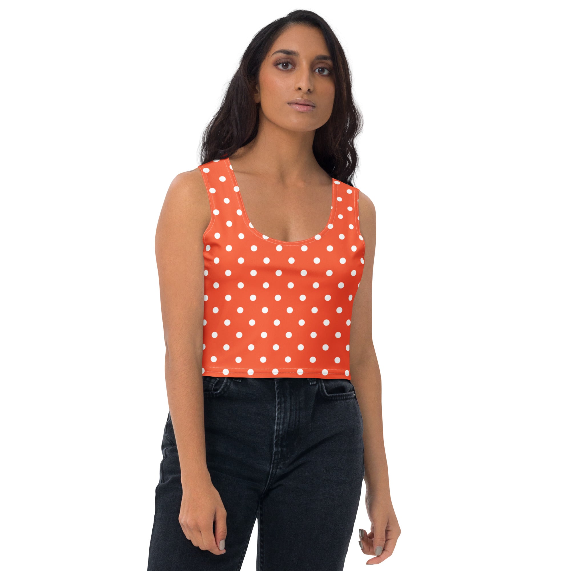 Women's Bright Orange Polka Dot Buttery Soft Crop Top- Quick-Drying UPF 50+ Stretch Top