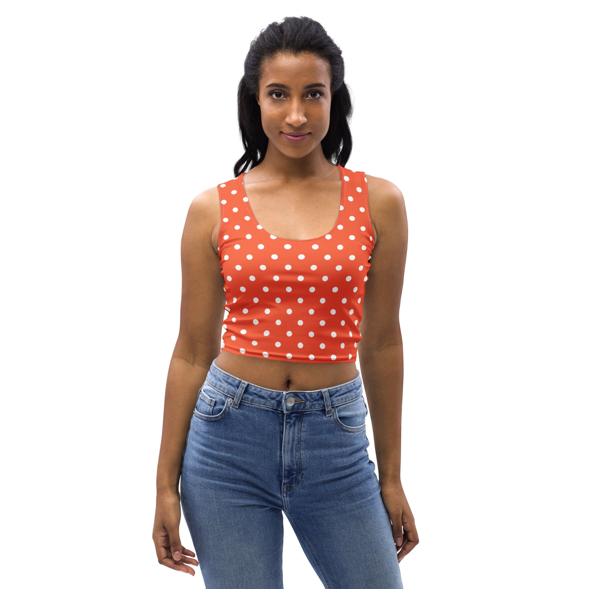 Women's Bright Orange Polka Dot Buttery Soft Crop Top- Quick-Drying UPF 50+ Stretch Top